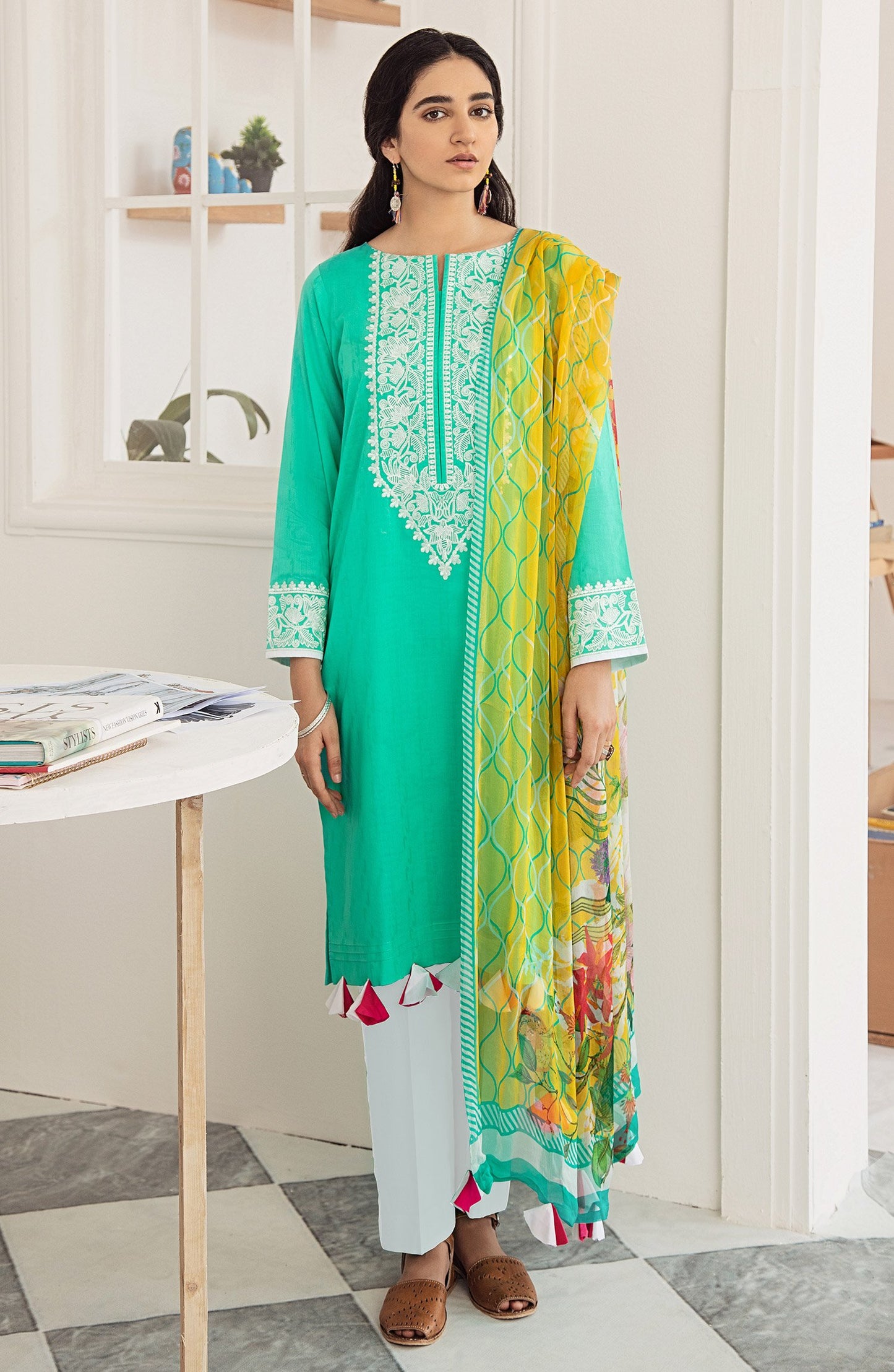 Unstitched 2PC Embroidered Jacquard Shirt and Chiffon Dupatta