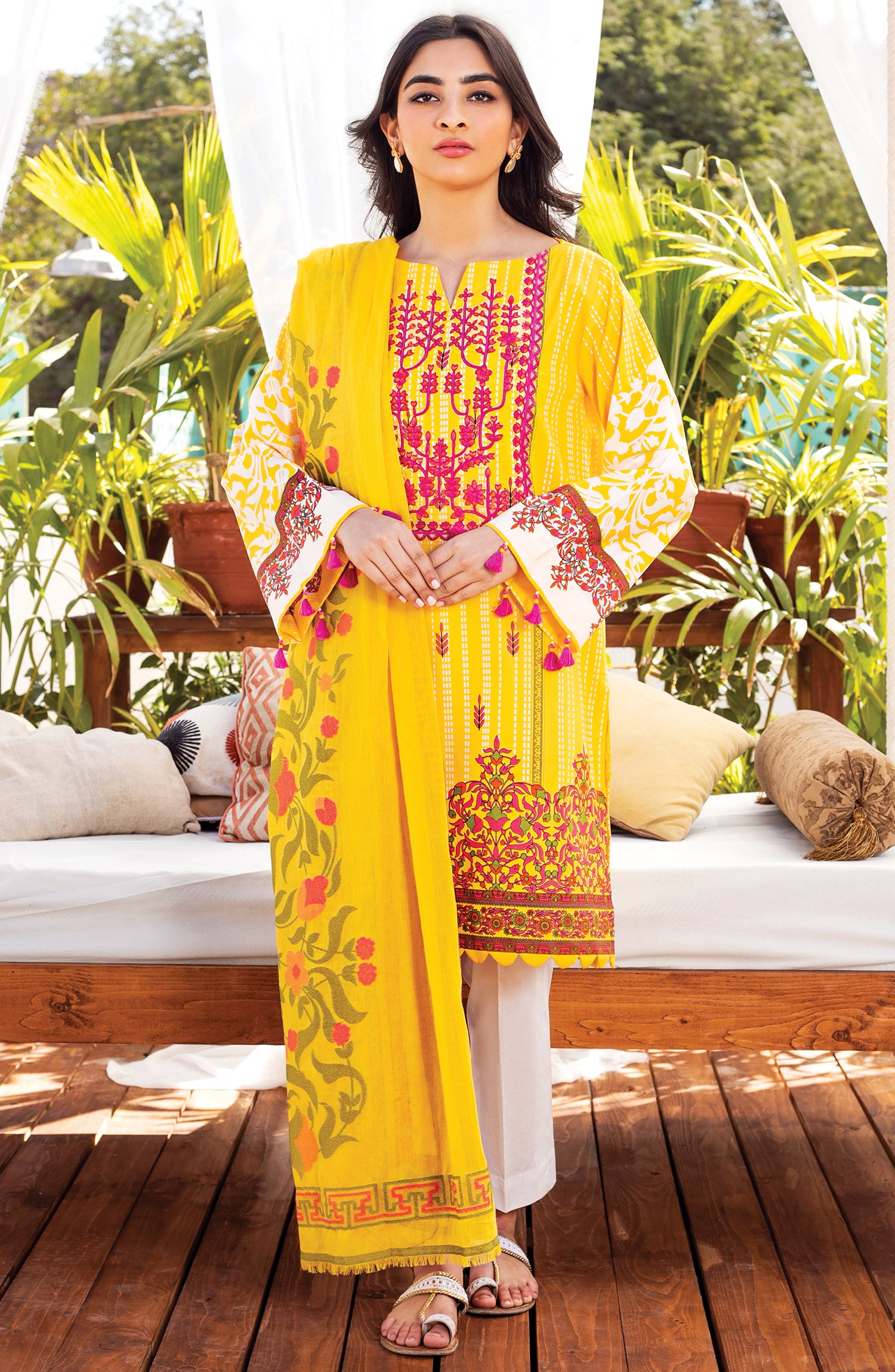 Unstitched 3 Piece Embroidered Lawn Suit (OTL-21-141/B/U YELLOW)