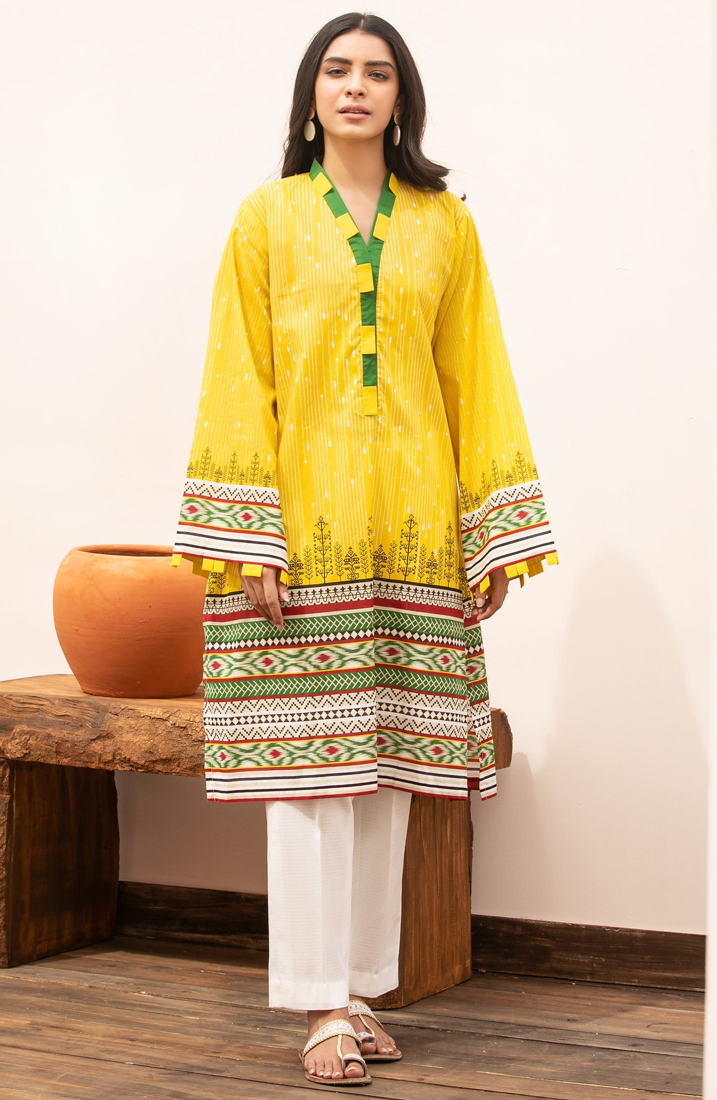 Stitched 1 Piece Printed Cambric Shirt (HCS-039/S YELLOW)