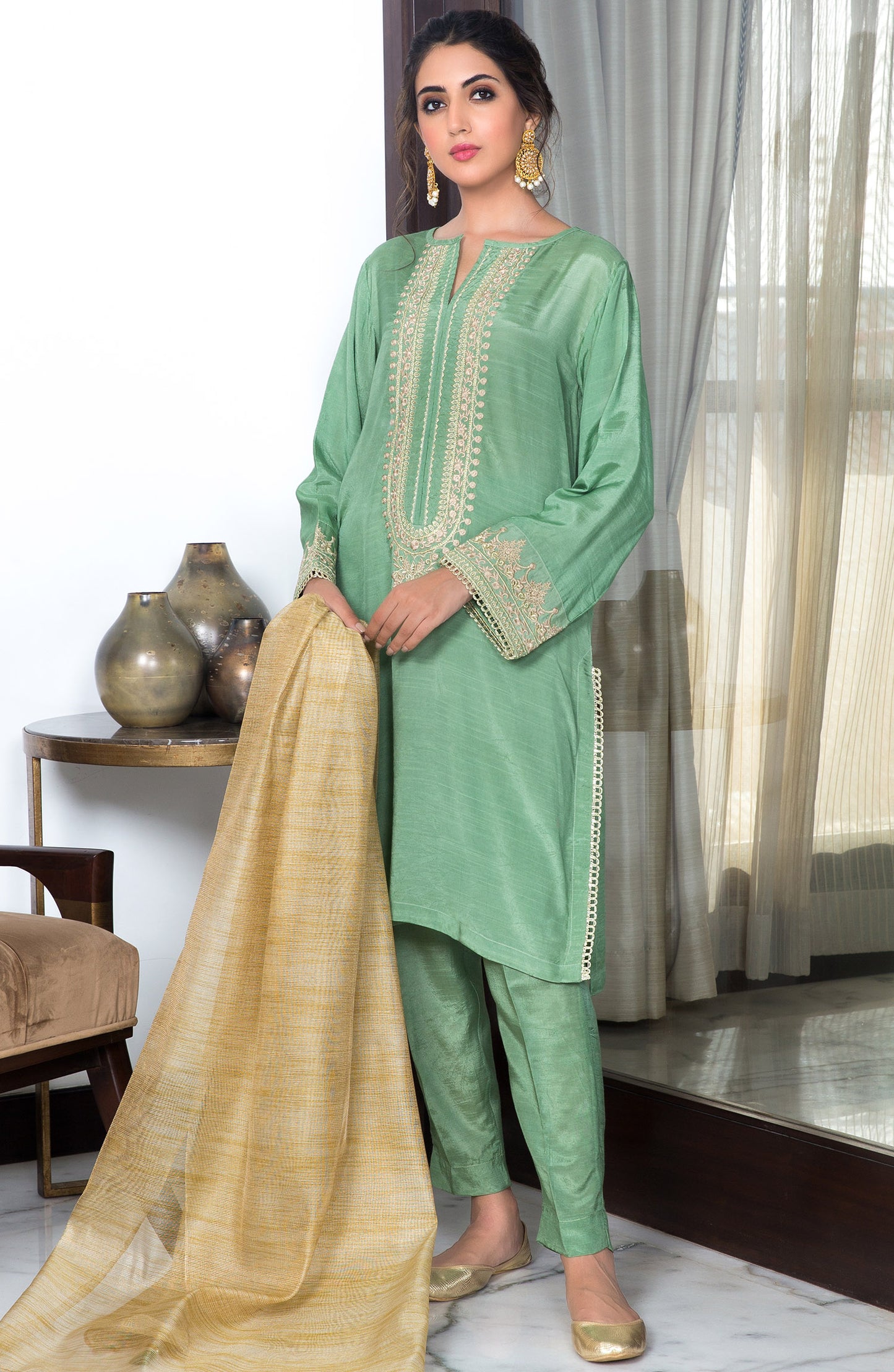 Stitched 3 Piece Embroidered Raw Silk Suit