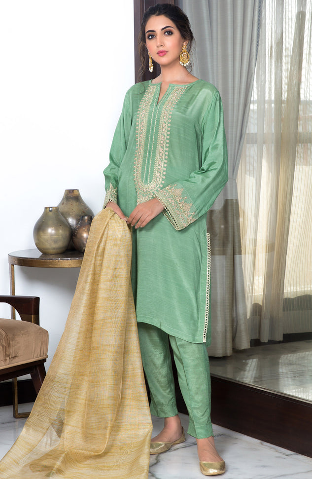 Stitched 3 Piece Embroidered Raw Silk Suit