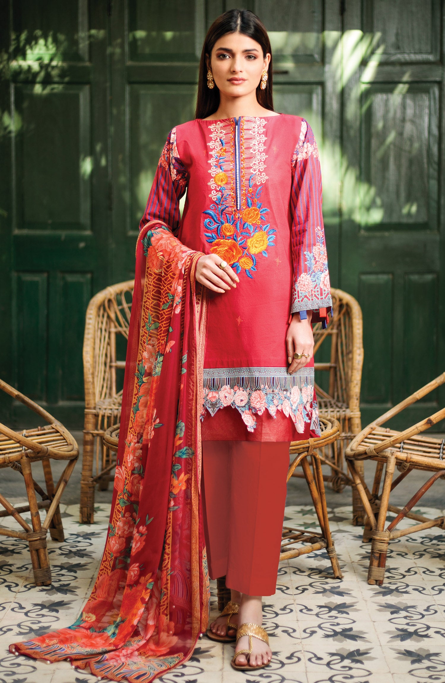 Unstitched 3 Piece Embroidered Lawn Suit (OTL-21-020/B/U RED)