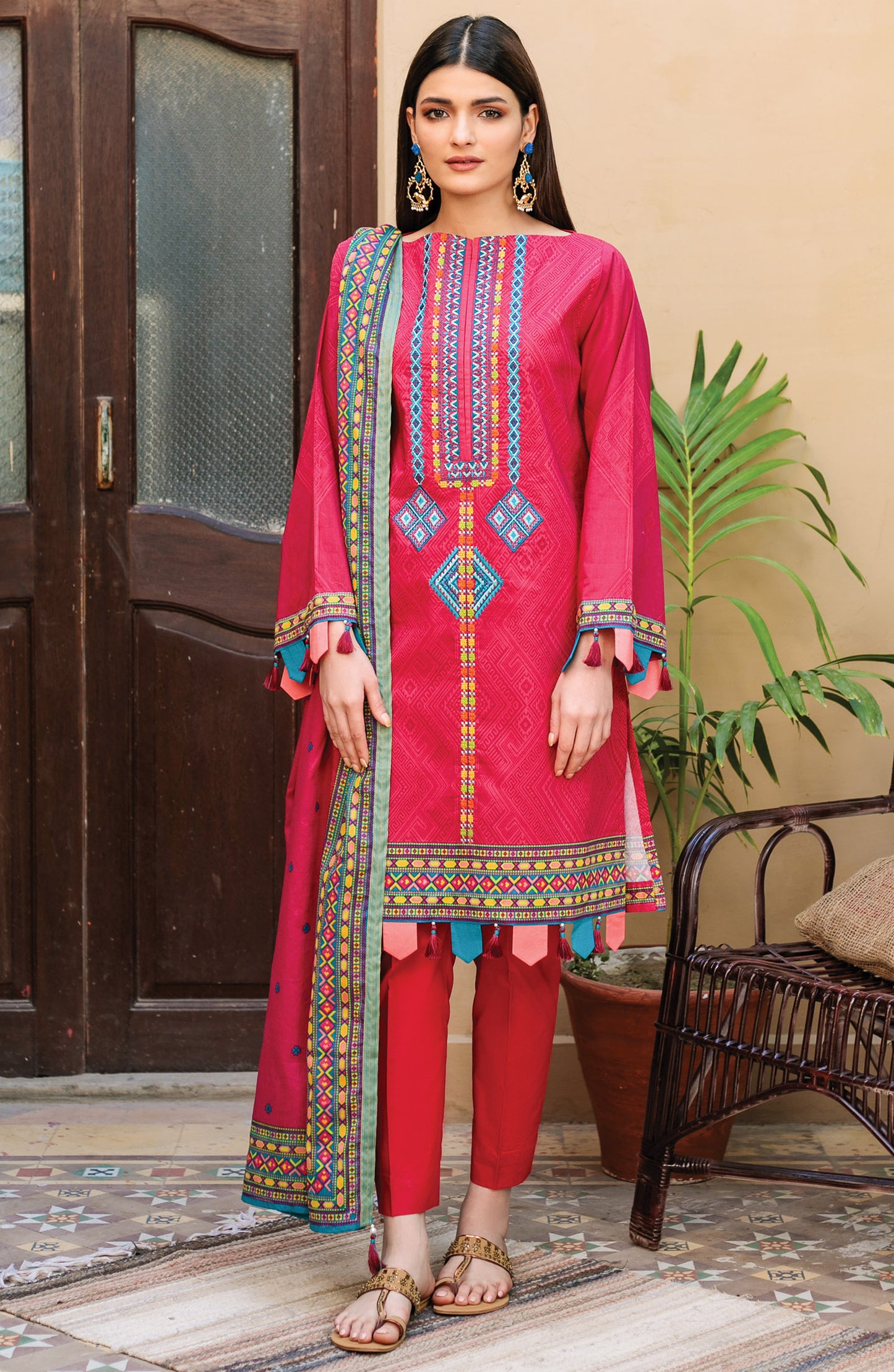 Unstitched 3 Piece Embroidered Lawn Suit (OTL-21-002/A/U RED)