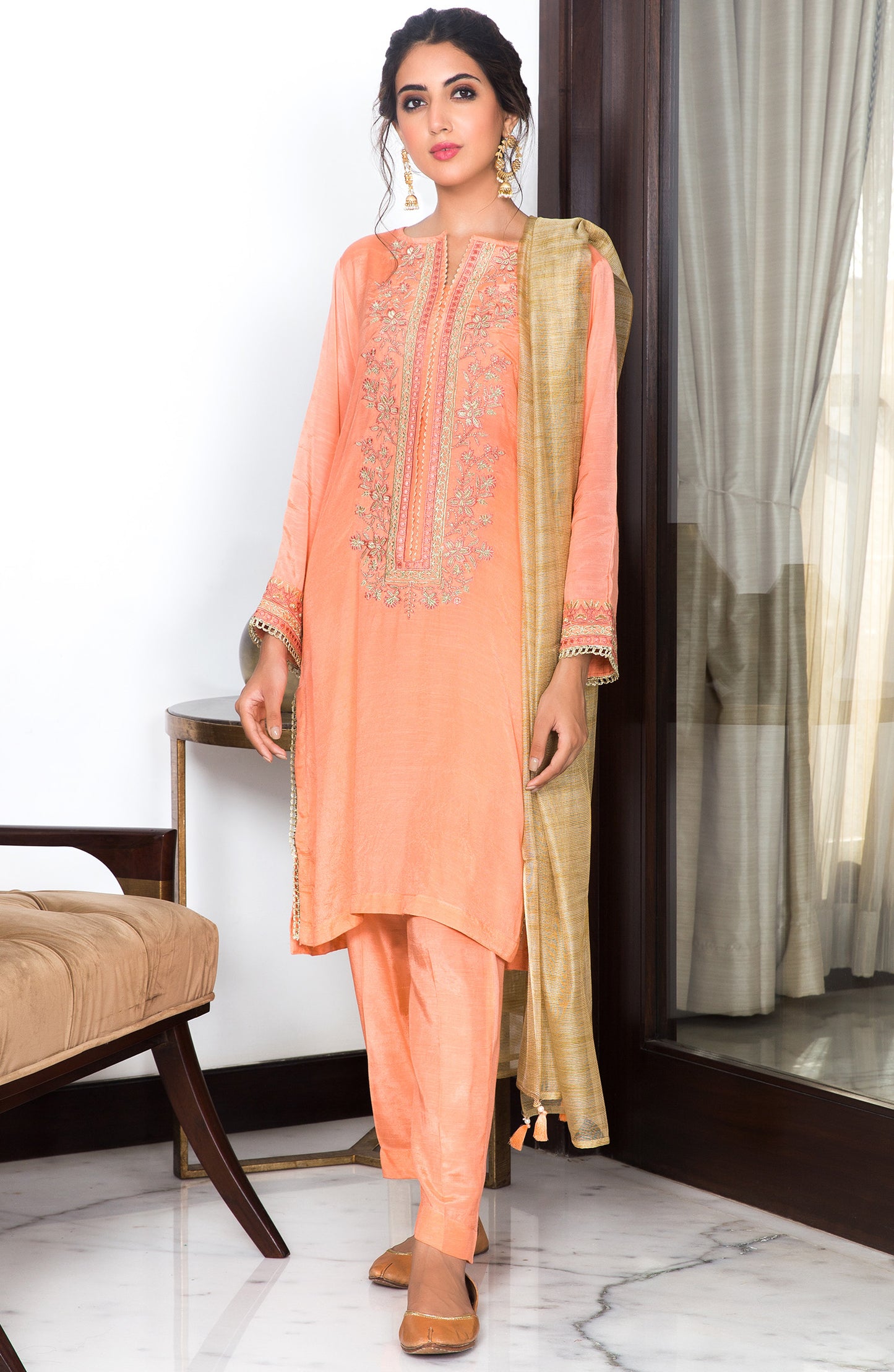Stitched 3 Piece Embroidered Raw Silk Suit (NRF-05/S ROSE PINK)