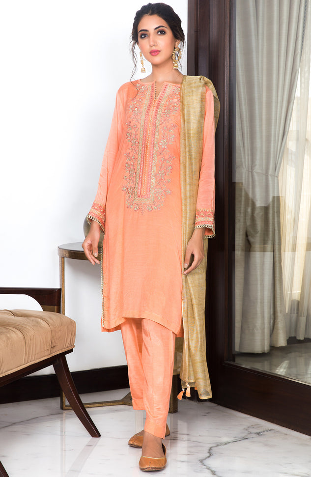Stitched 3 Piece Embroidered Raw Silk Suit