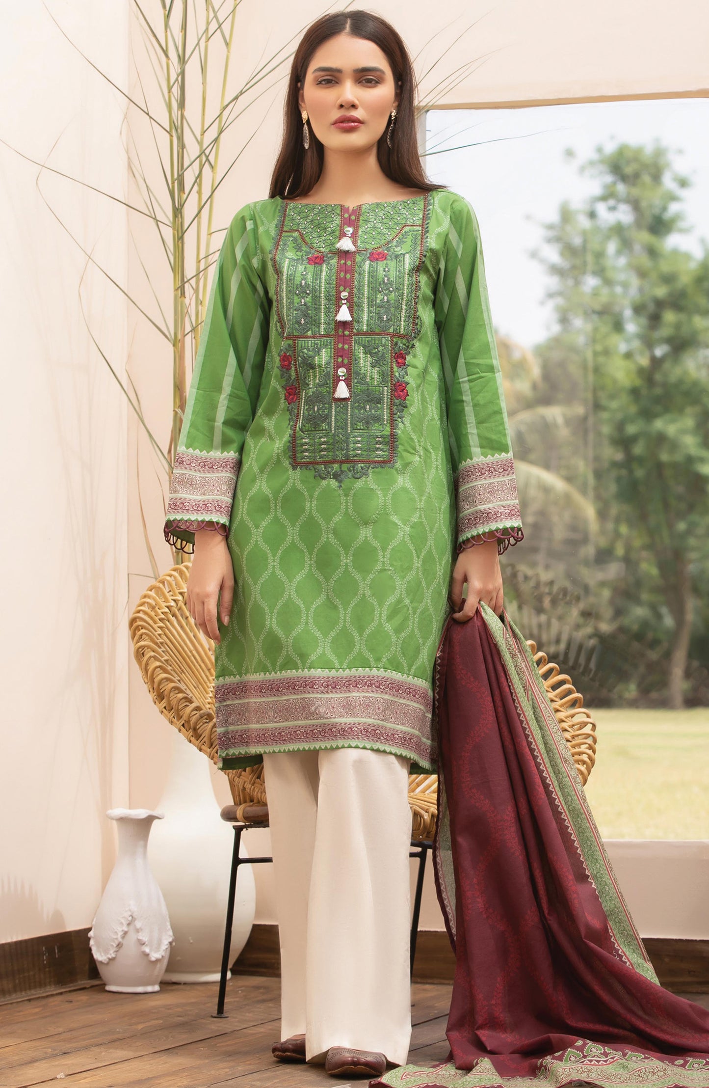 Unstitched 2 Piece Embroidered Lawn Shirt Dupatta