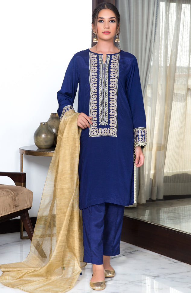 Stitched 3 Piece Embroidered Raw Silk Suit