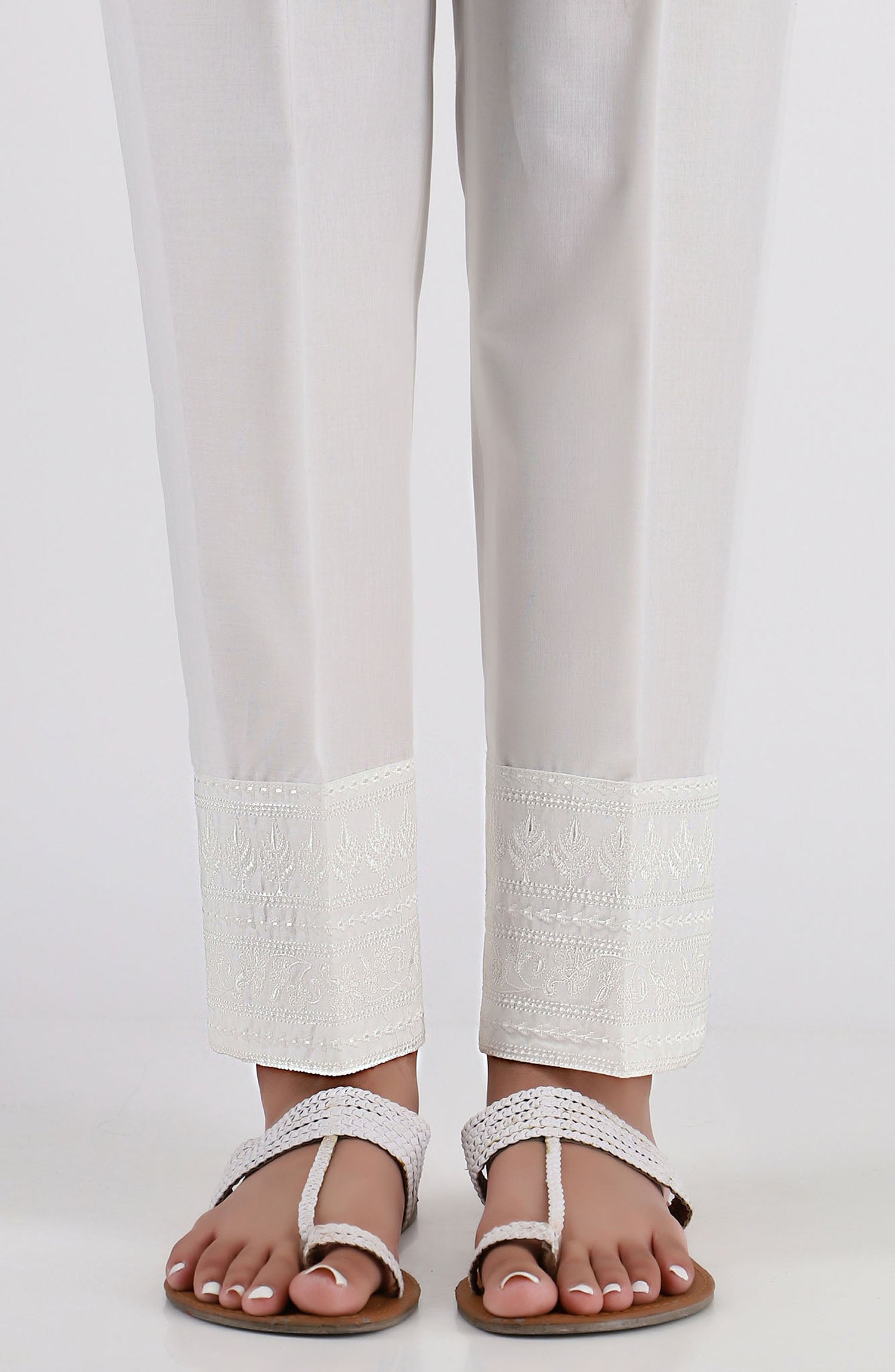 Stitched Embroidered Straight Pants- White (NRPE-025 WHITE)