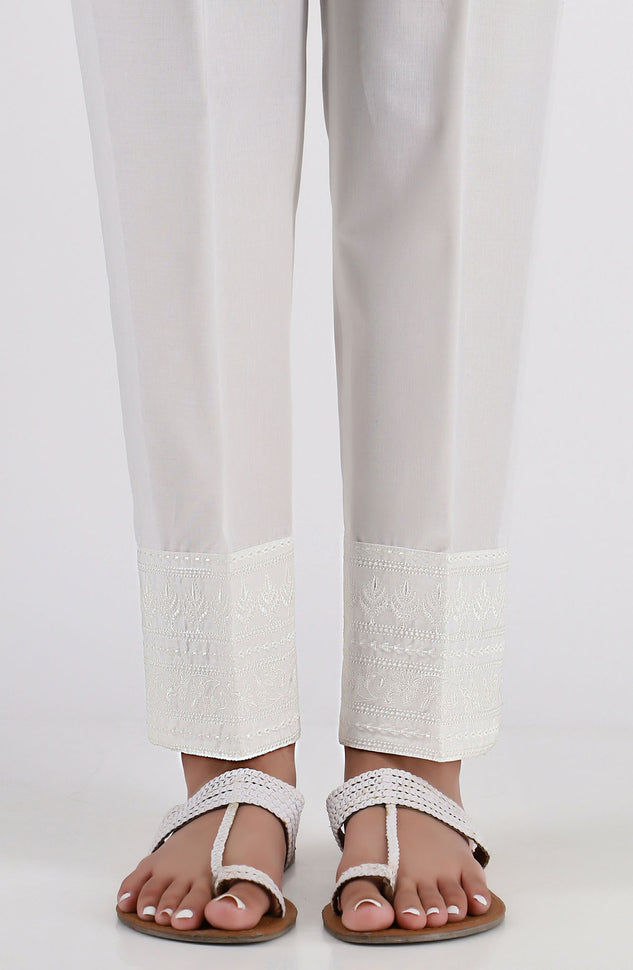 Stitched Embroidered Straight Pants- White