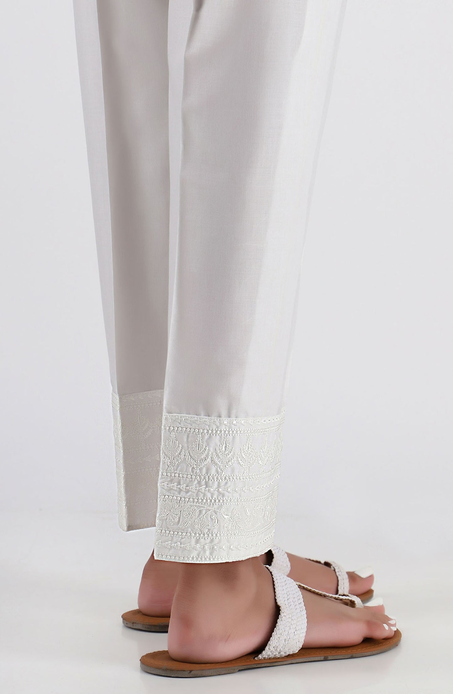 Stitched Embroidered Straight Pants- White (NRPE-025 WHITE)