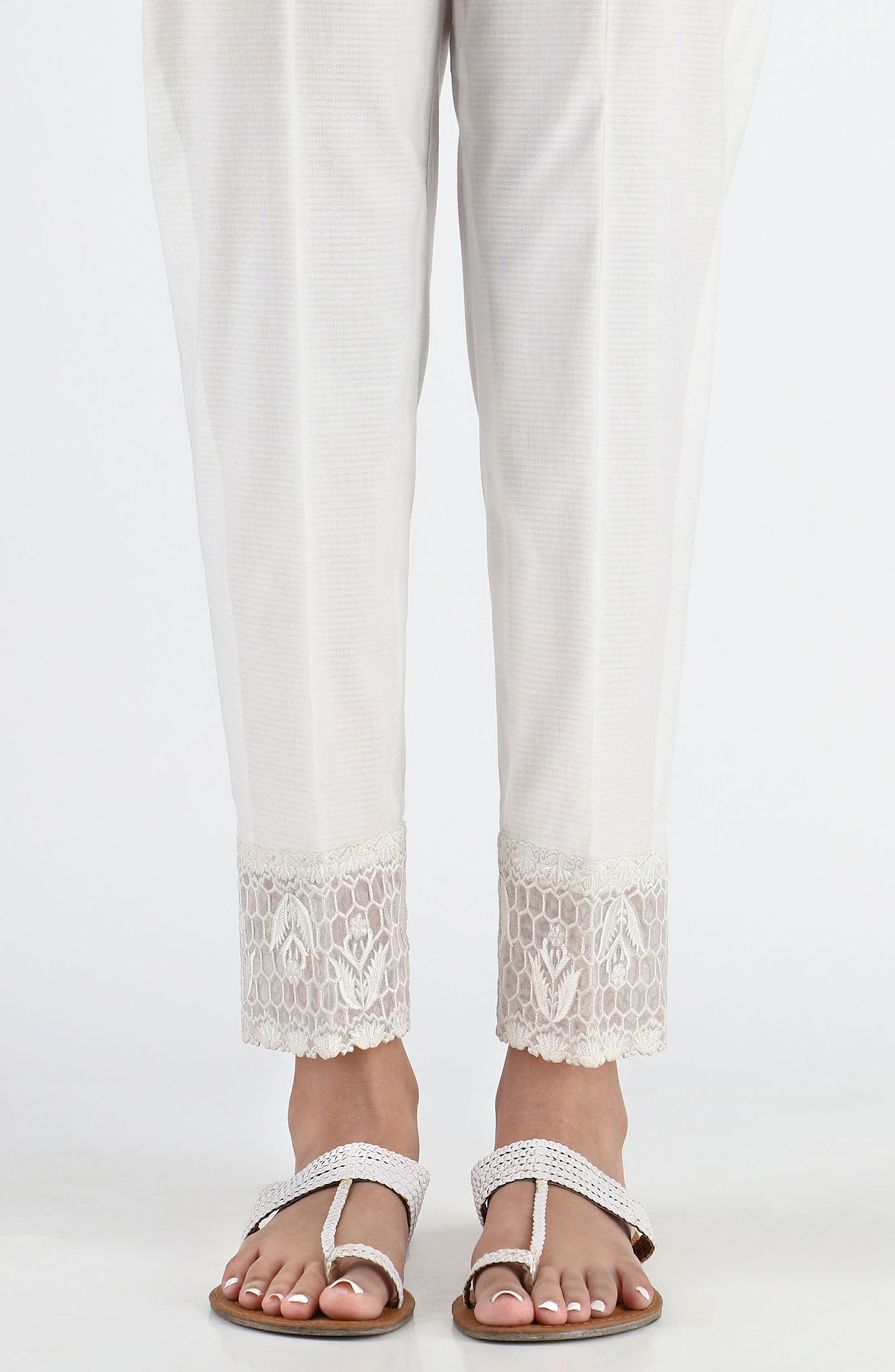 Stitched Embroidered Straight Pants- White (NRPE-031 WHITE)
