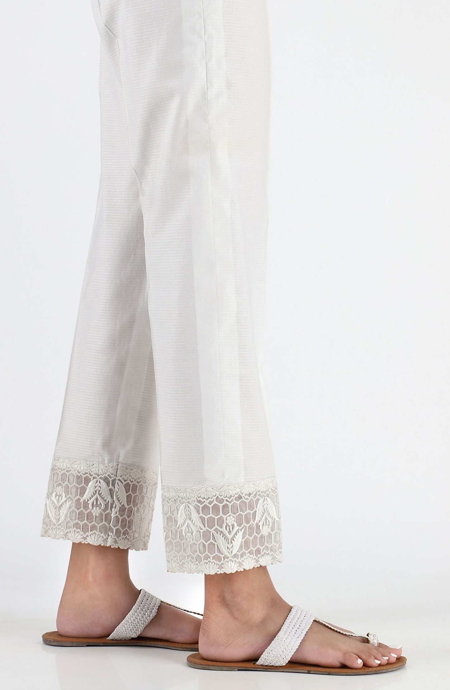 Stitched Embroidered Straight Pants- White (NRPE-031 WHITE)