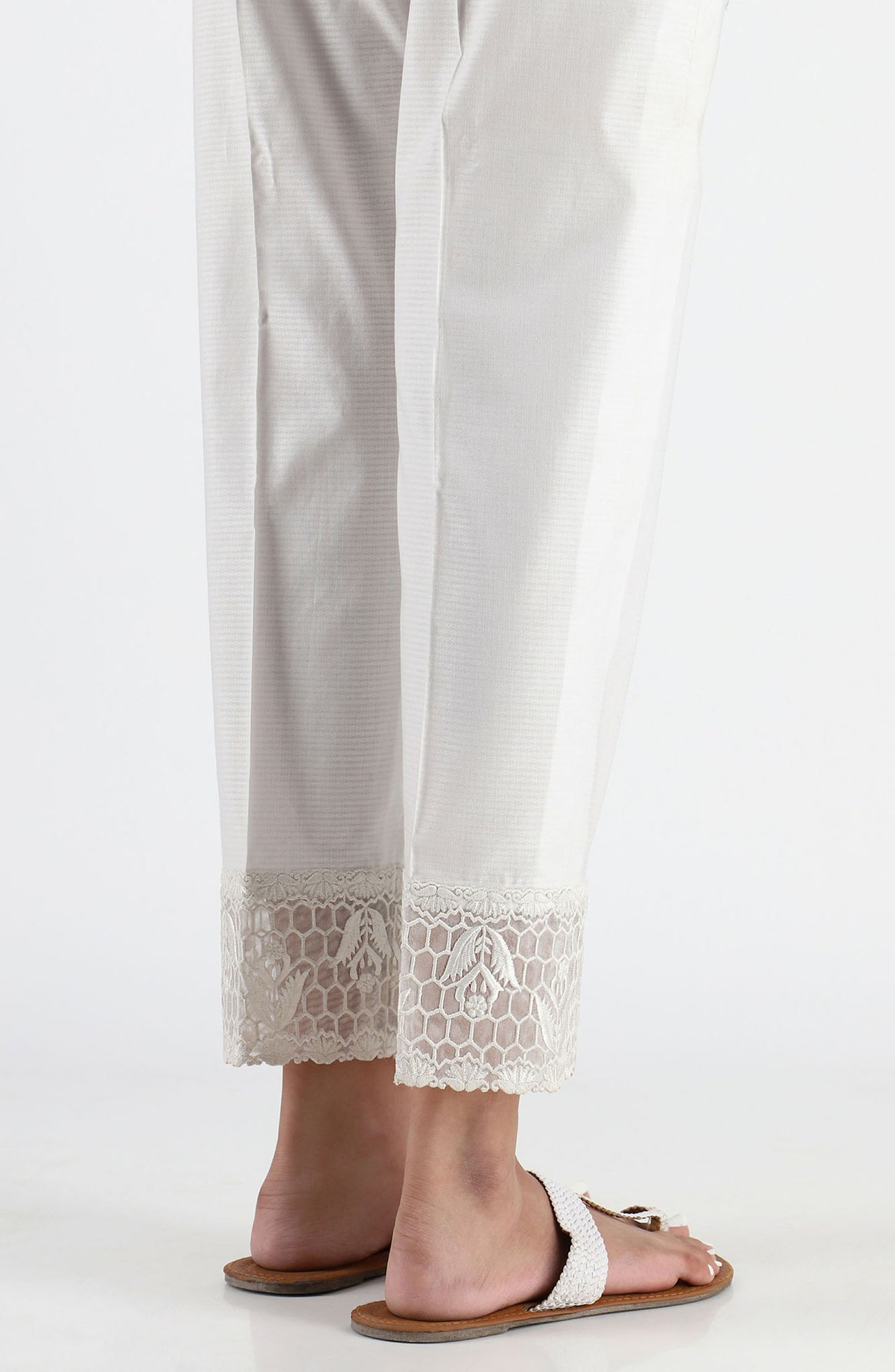 Stitched Embroidered Straight Pants- White (NRPE-031 WHITE)