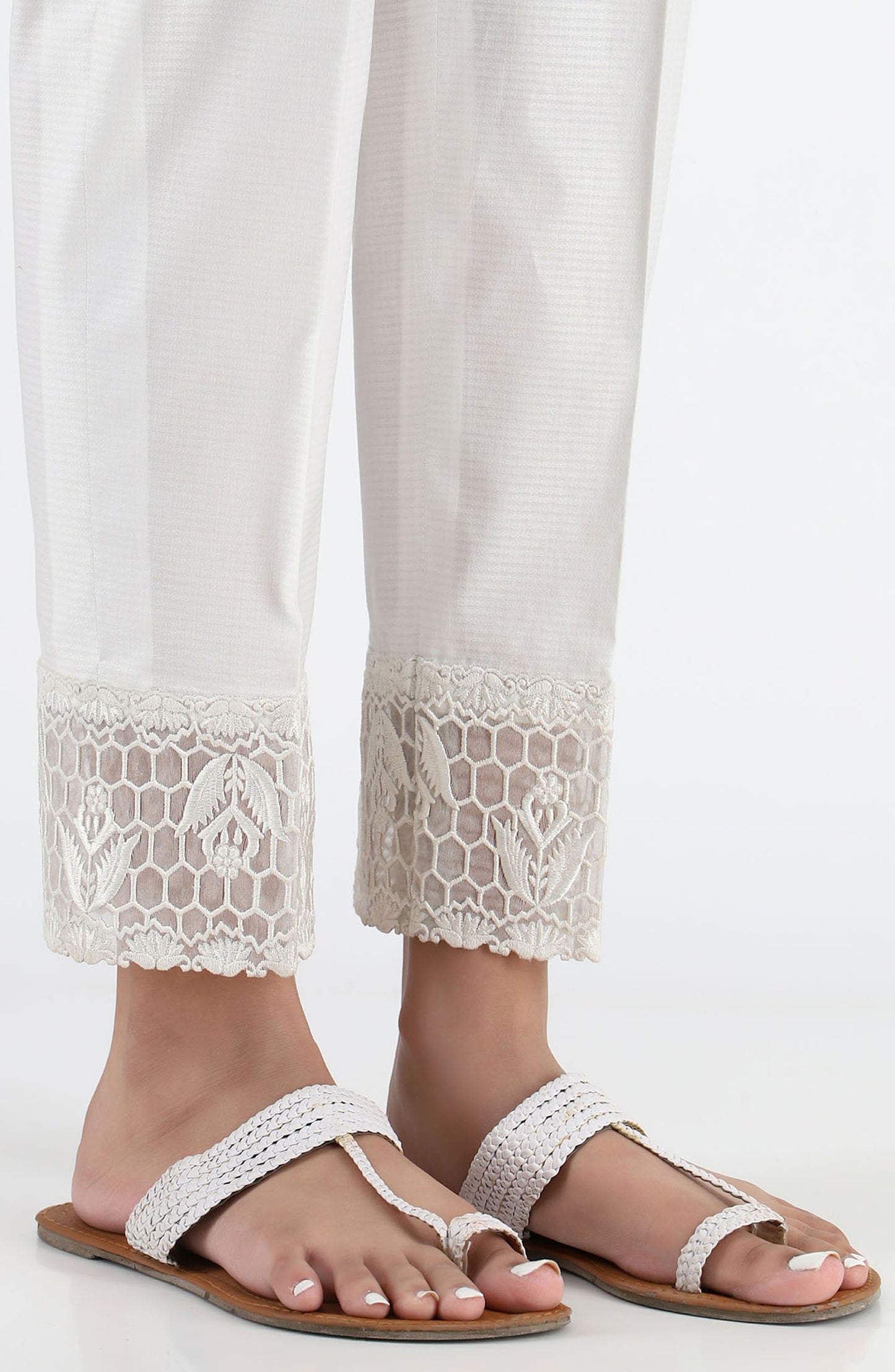 Stitched Embroidered Straight Pants- White (NRPE-031 WHITE)