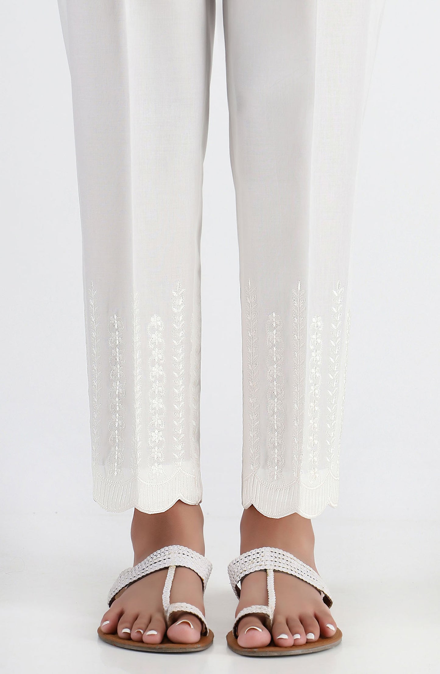 Stitched Embroidered Straight Pants- White (NRPE-026 WHITE)