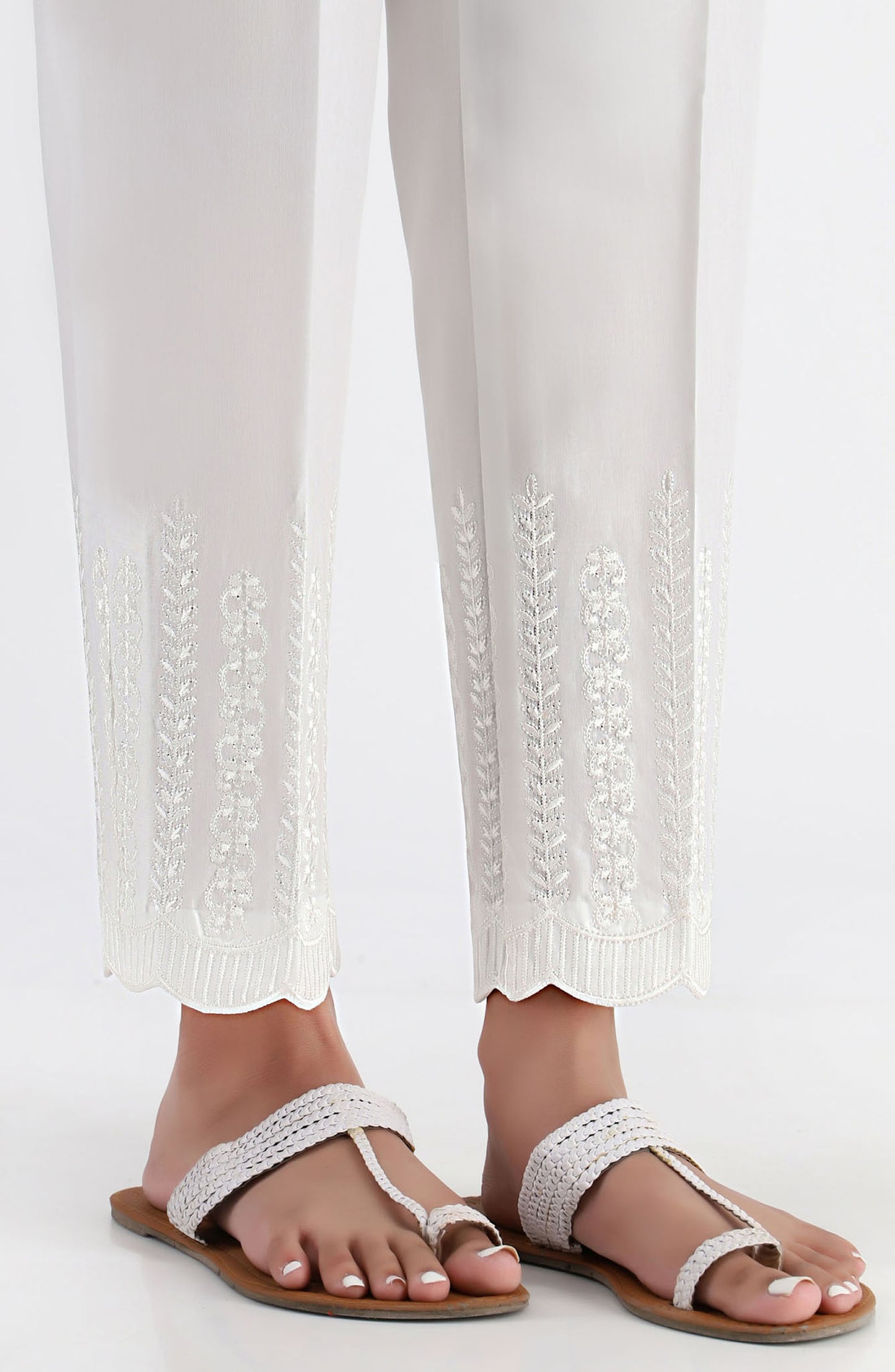 Stitched Embroidered Straight Pants- White (NRPE-026 WHITE)