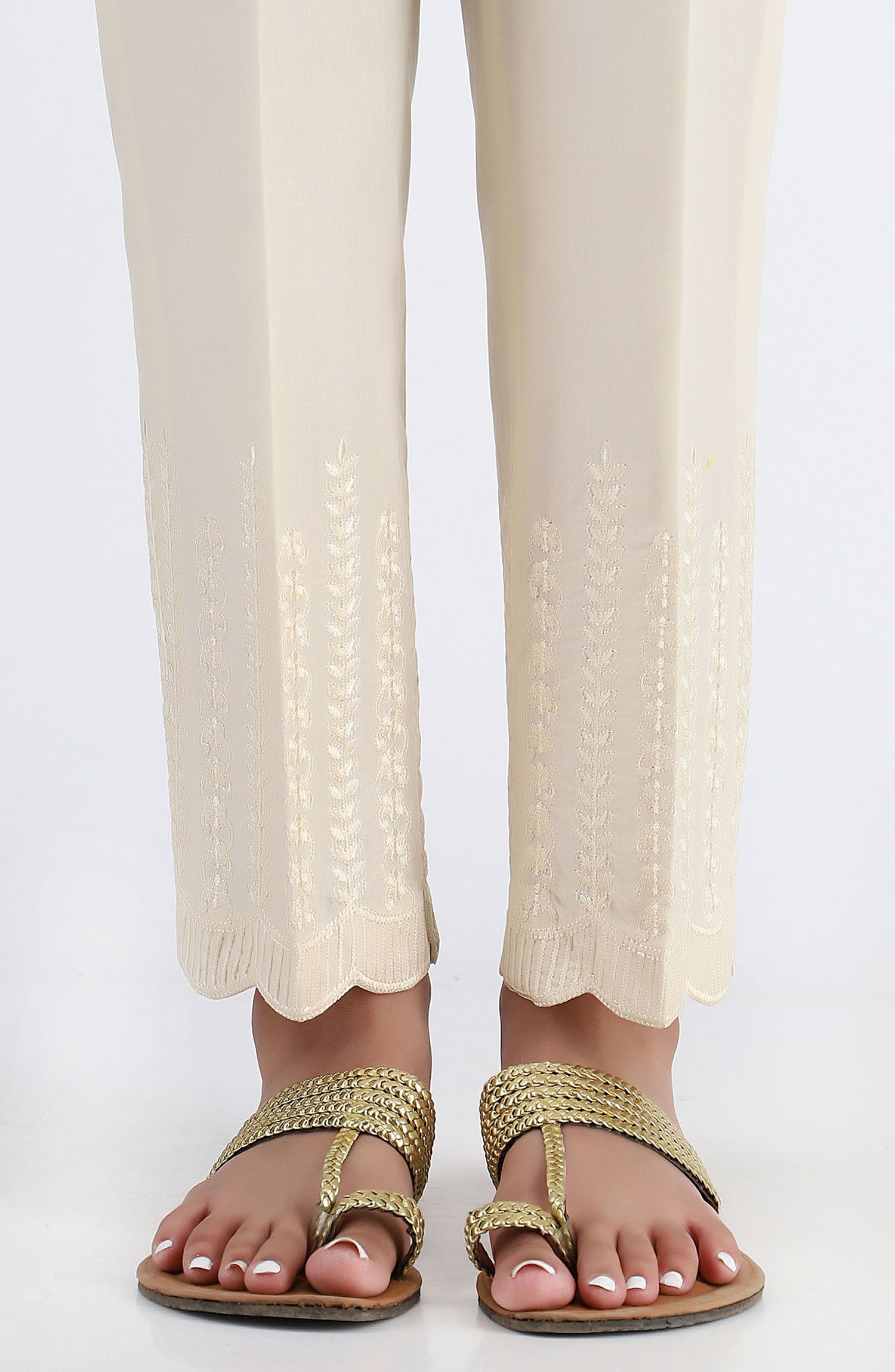 Stitched Embroidered Straight Pants- Creme (NRPE-026 CREAM)