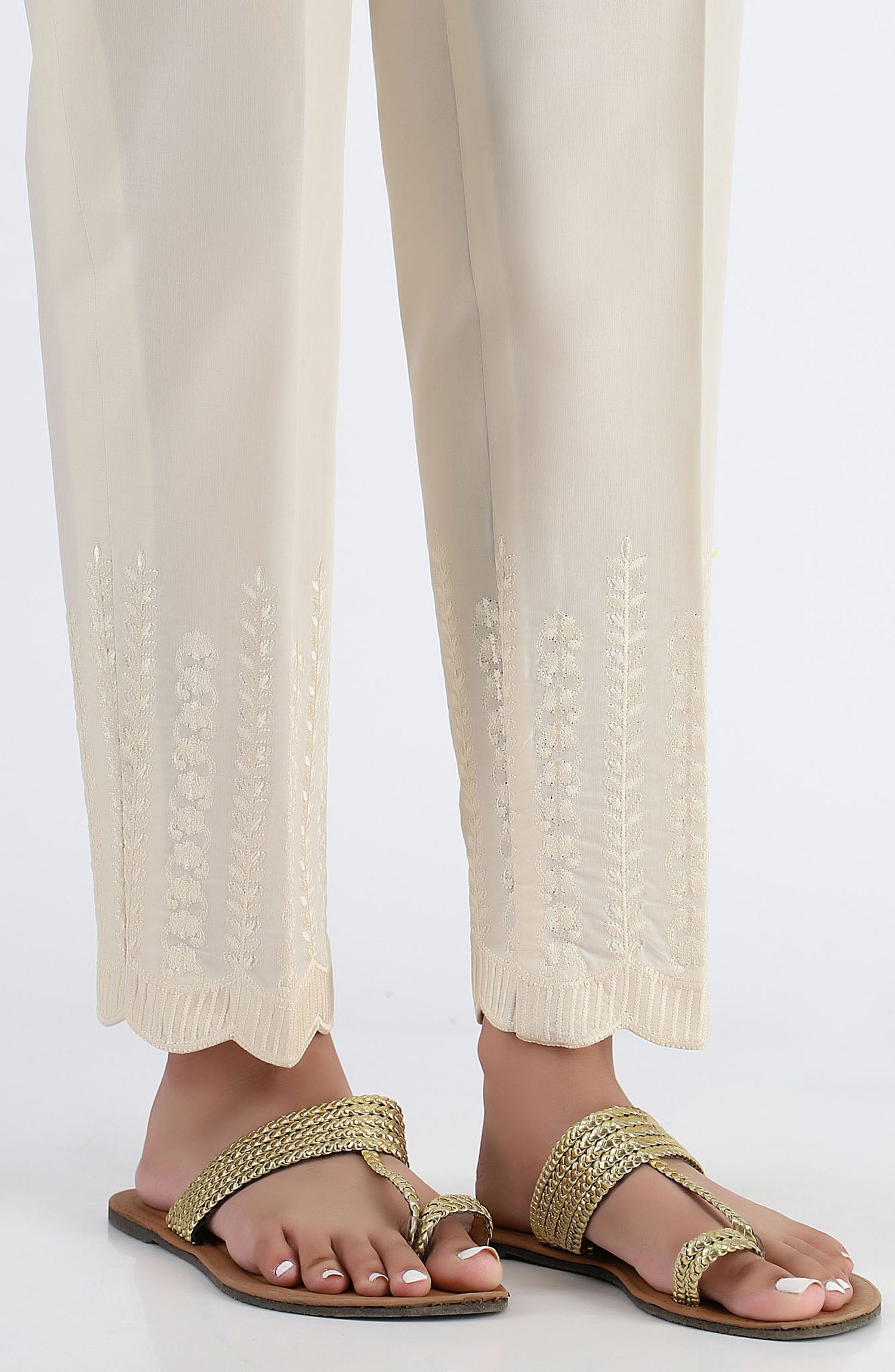 Stitched Embroidered Straight Pants- Creme (NRPE-026 CREAM)