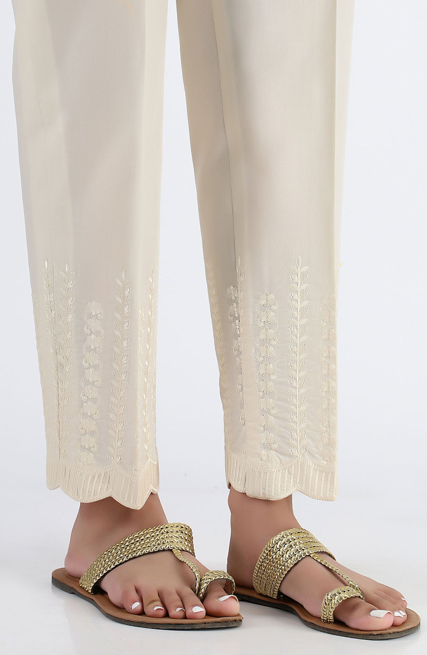 Stitched Embroidered Straight Pants- Creme