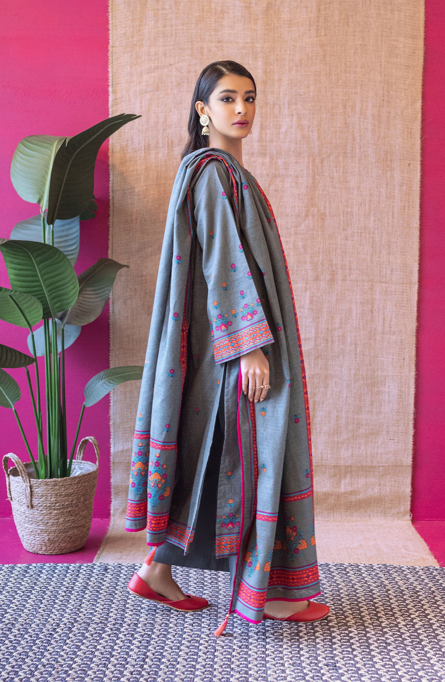 Stitched 3 Piece Printed Khaddar Shirt , Khaddar Pant and Khaddar Dupatta