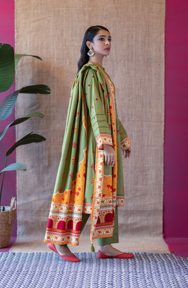 OTL-22-146/U GREEN KHADDAR  UNSTITCHED SHIRT DUPATTA PANTS