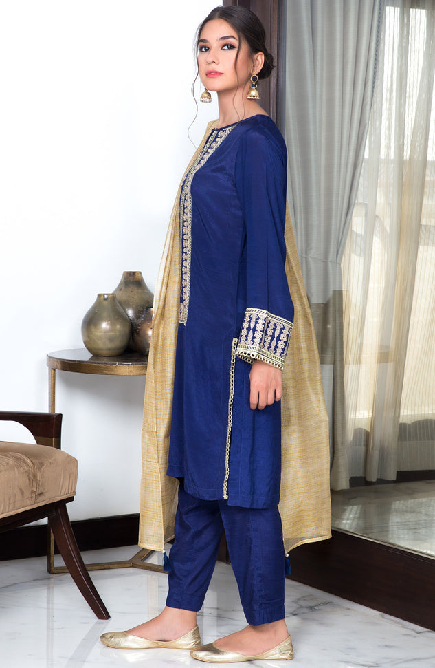 Stitched 3 Piece Embroidered Raw Silk Suit