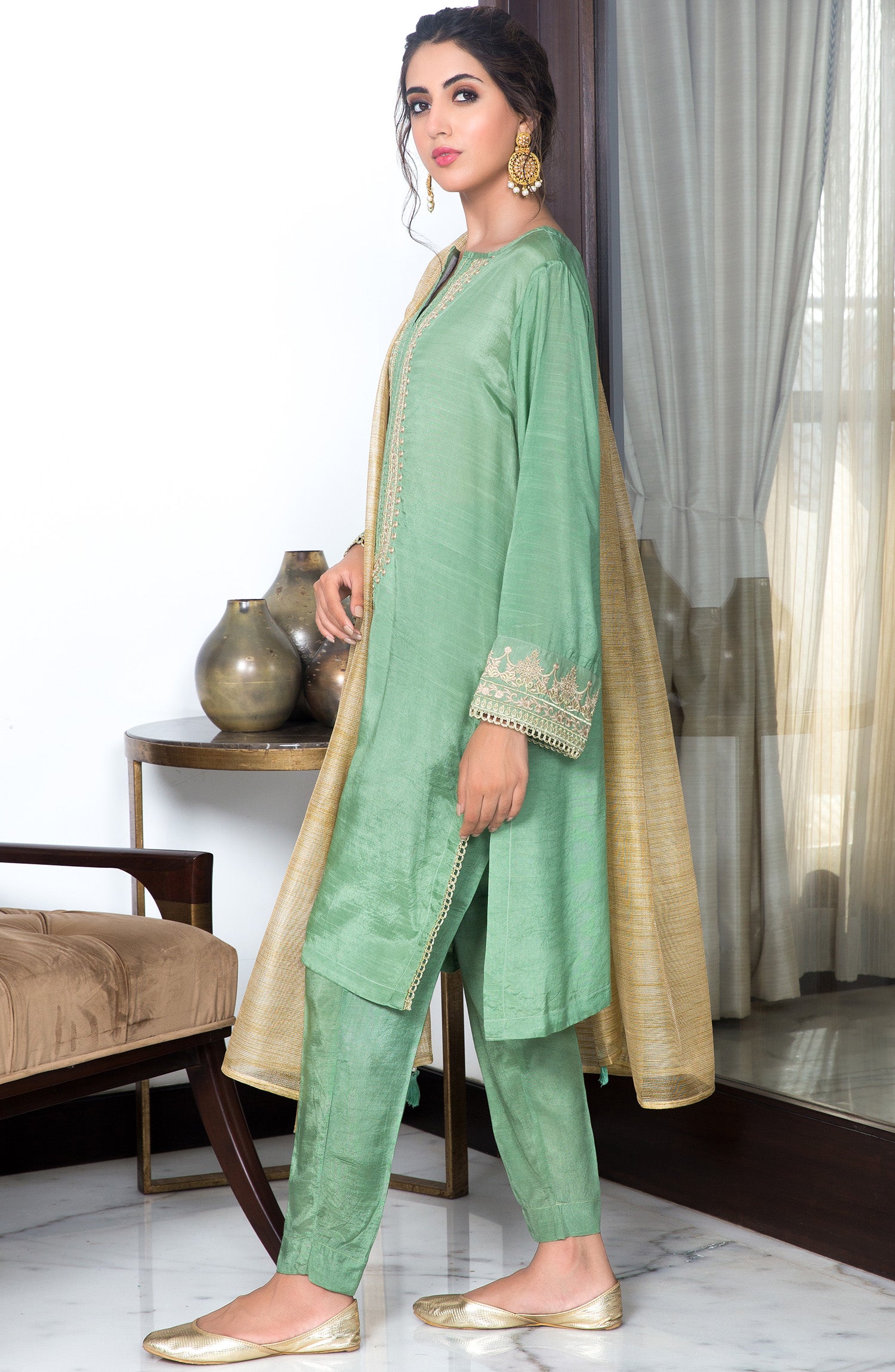 Stitched 3 Piece Embroidered Raw Silk Suit (NRF-02/S L. GREEN)