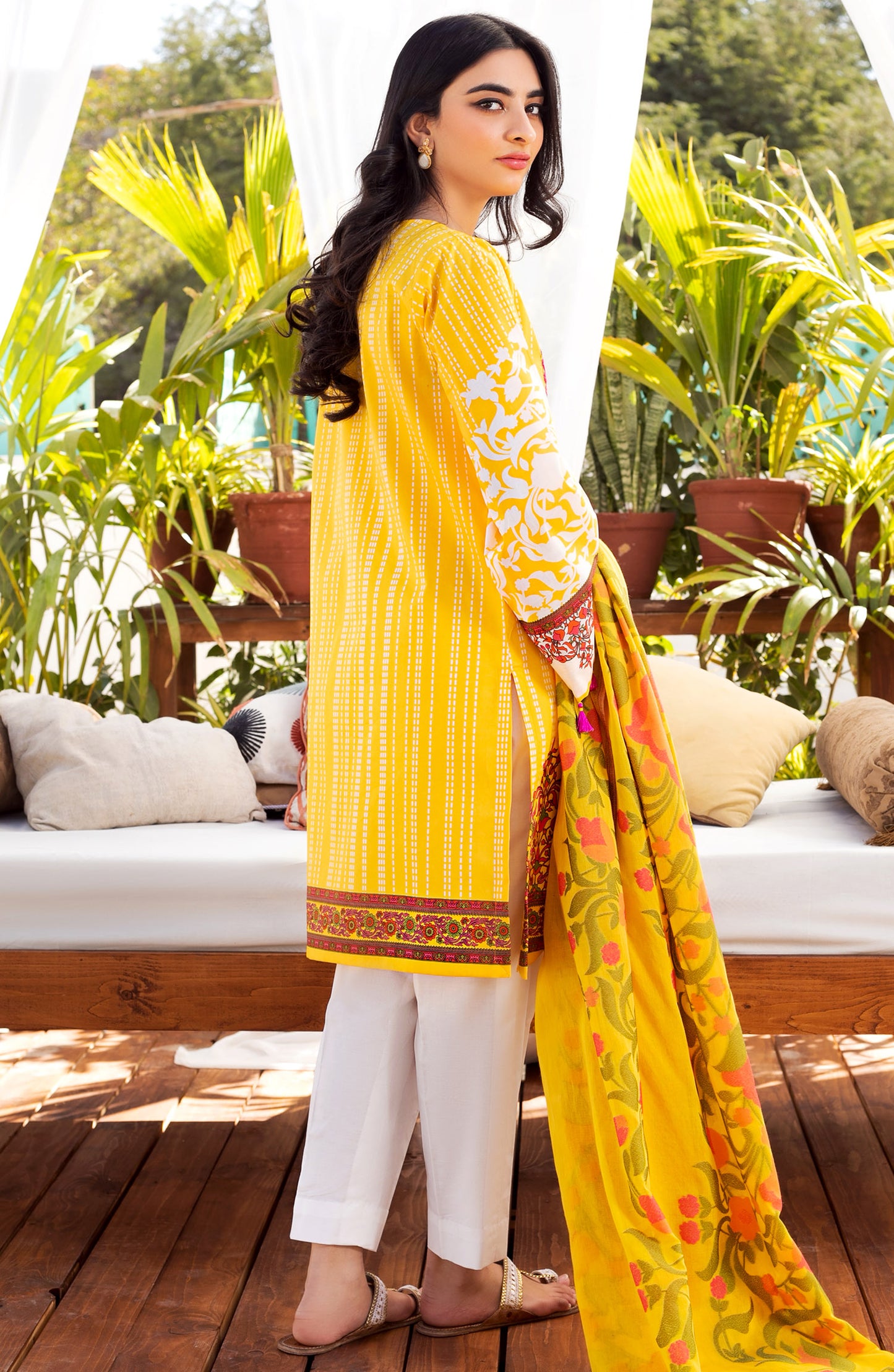 Unstitched 3 Piece Embroidered Lawn Suit (OTL-21-141/B/U YELLOW)