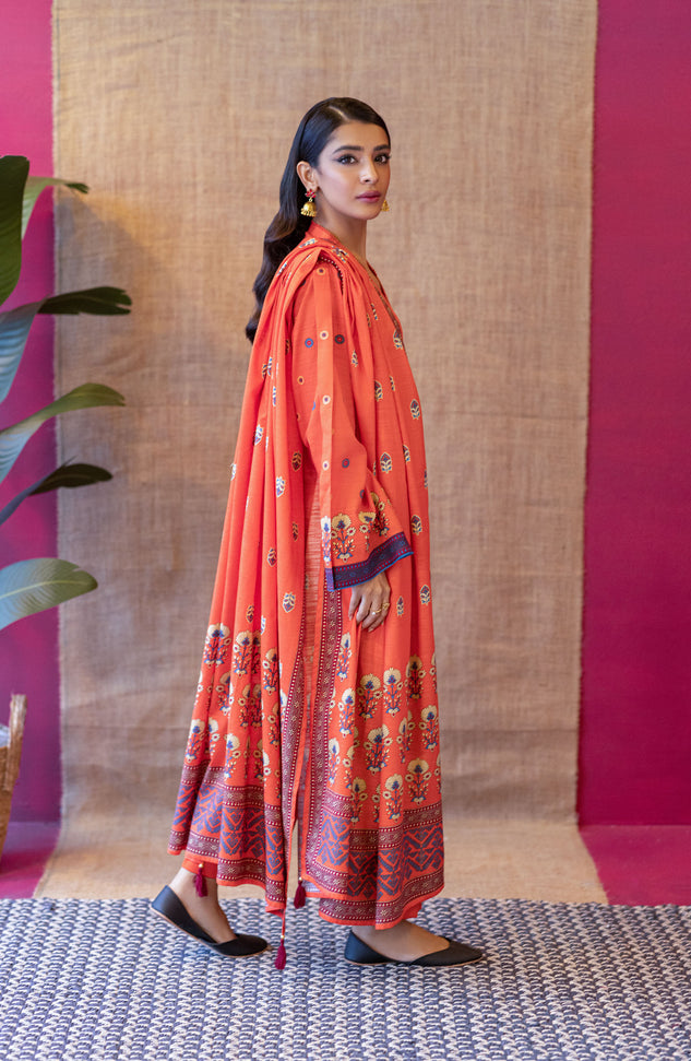 OTL-22-151/U Orange KHADDAR  UNSTITCHED SHIRT DUPATTA PANTS