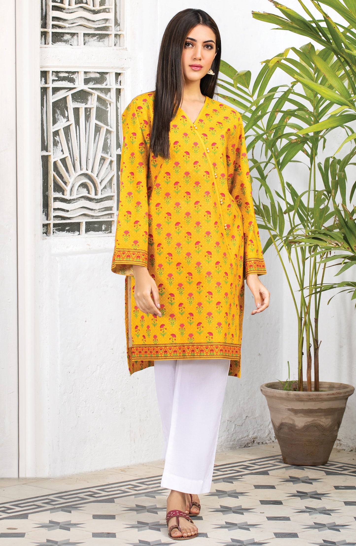 Stitched 1 Piece Printed Cambric Shirt (OTL-21-082/S YELLOW)