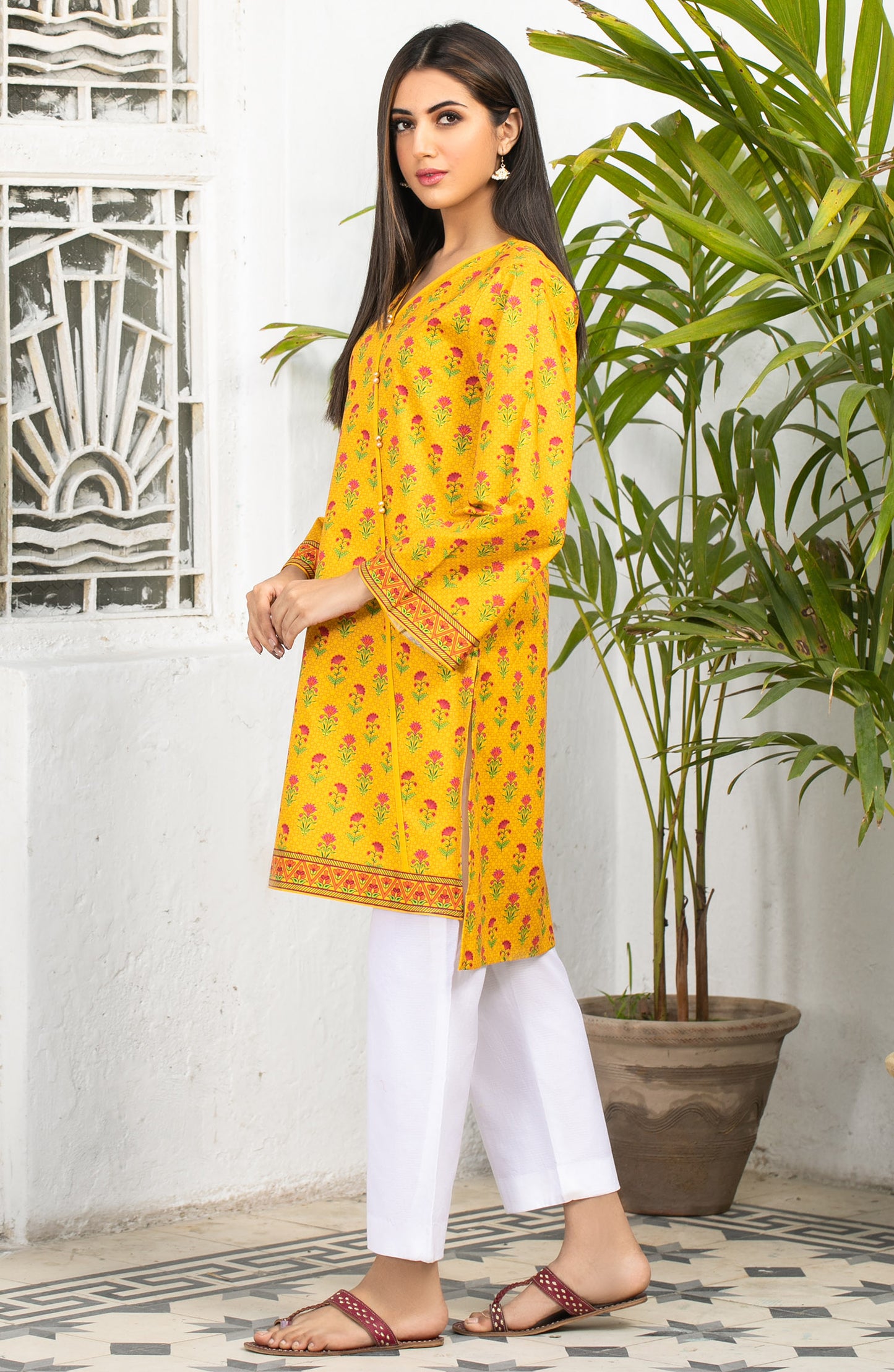Stitched 1 Piece Printed Cambric Shirt (OTL-21-082/S YELLOW)