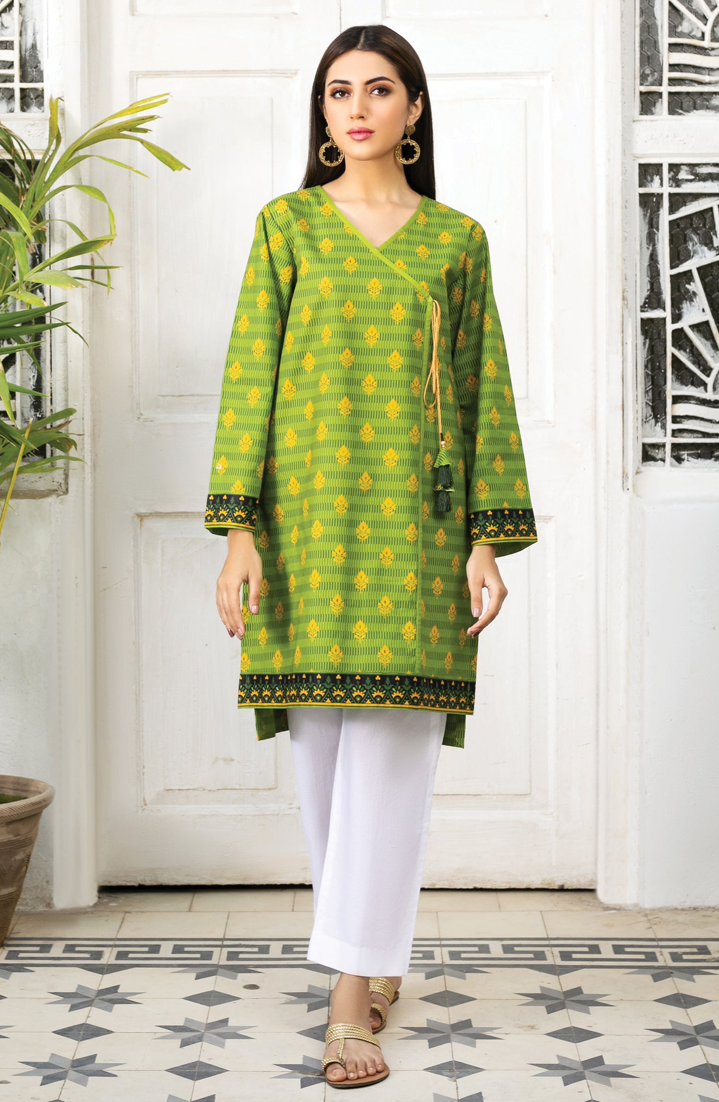 Stitched 1 Piece Printed Cambric Shirt (OTL-21-081/S GREEN)