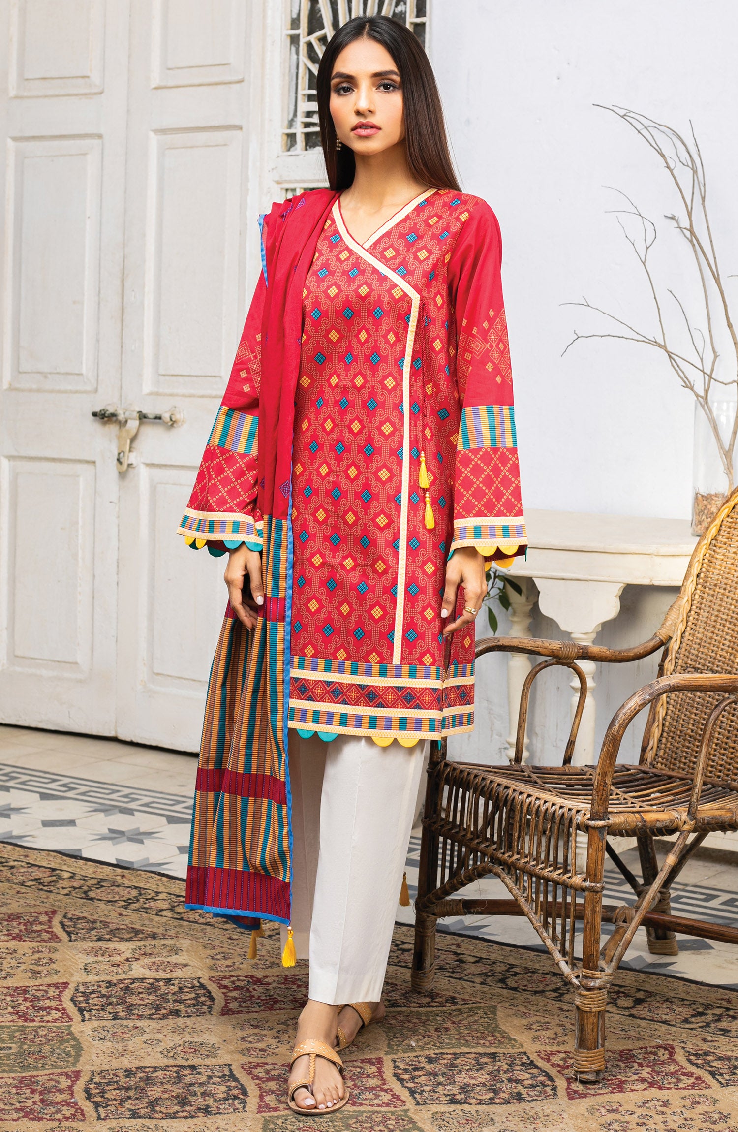 Stitched 2 Piece Printed Cambric Shirt Dupatta (OTL-21-066/S RED)