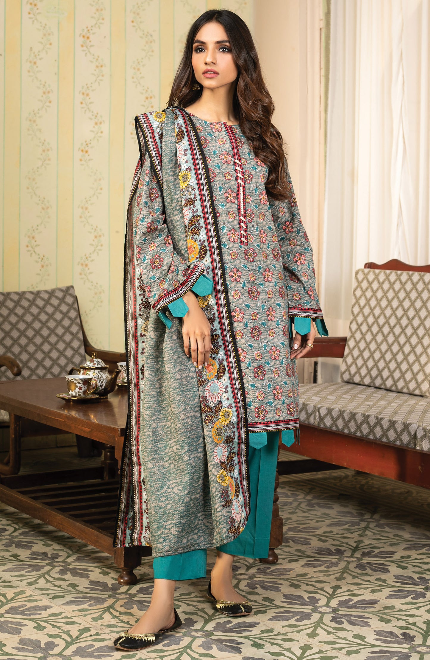 Unstitched 3 Piece Printed Lawn Suit (OTL-21-056/U  GREEN)