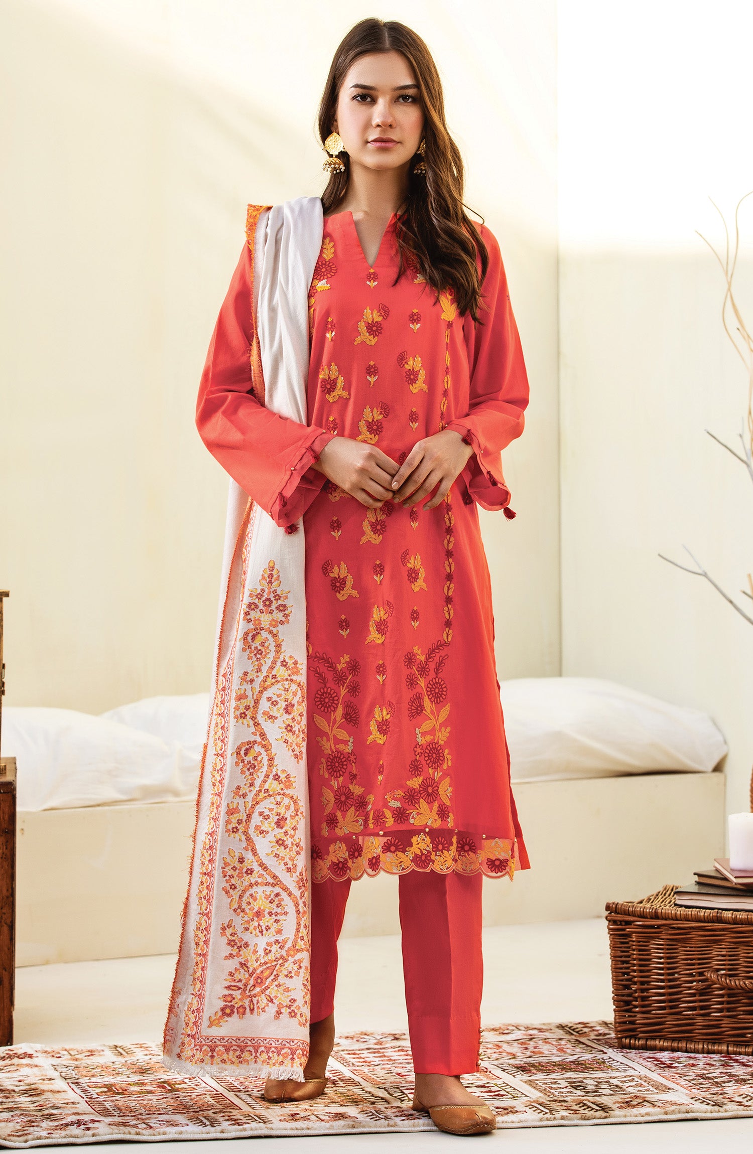 Unstitched 3 Piece Embroidered Textured Heavy Cotton Suit (OTL-20-178/A (CORAL))