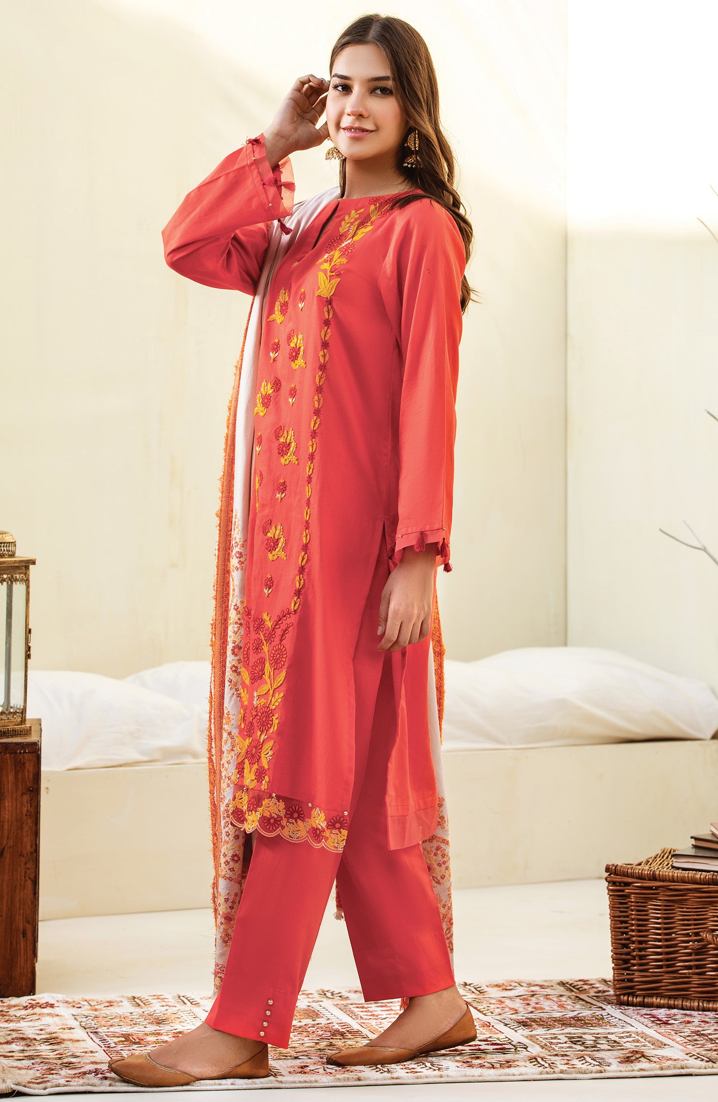 Unstitched 3 Piece Embroidered Textured Heavy Cotton Suit (OTL-20-178/A (CORAL))