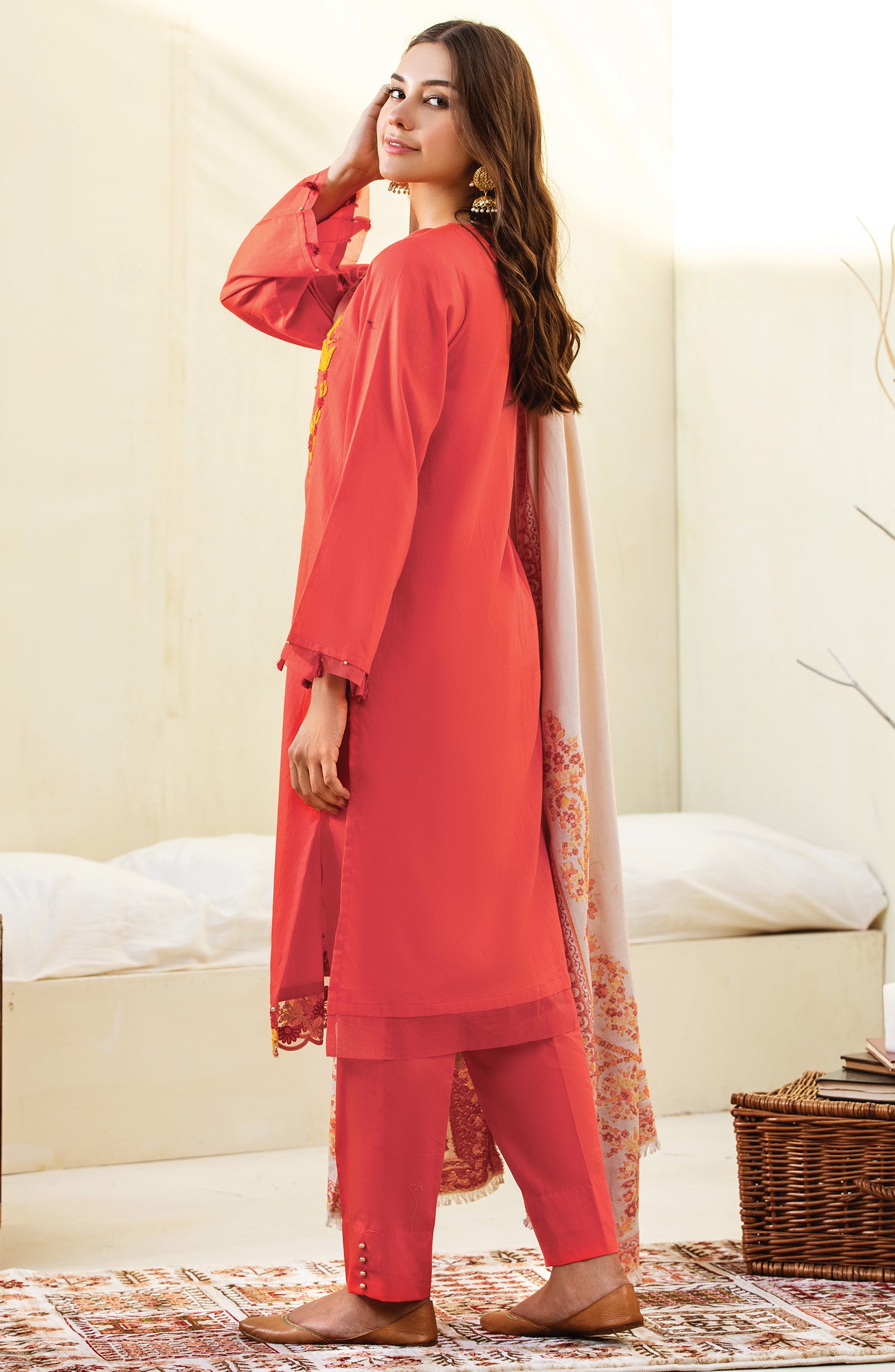 Unstitched 3 Piece Embroidered Textured Heavy Cotton Suit (OTL-20-178/A (CORAL))