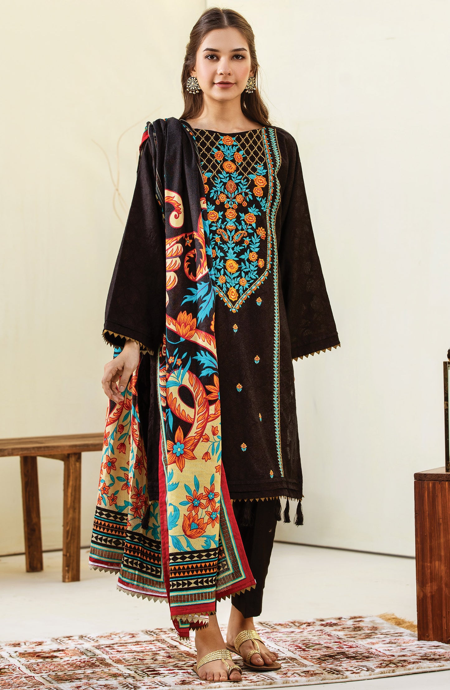 Unstitched 3 Piece Embroidered Karandi Suit (OTL-20-189/B (BLACK))