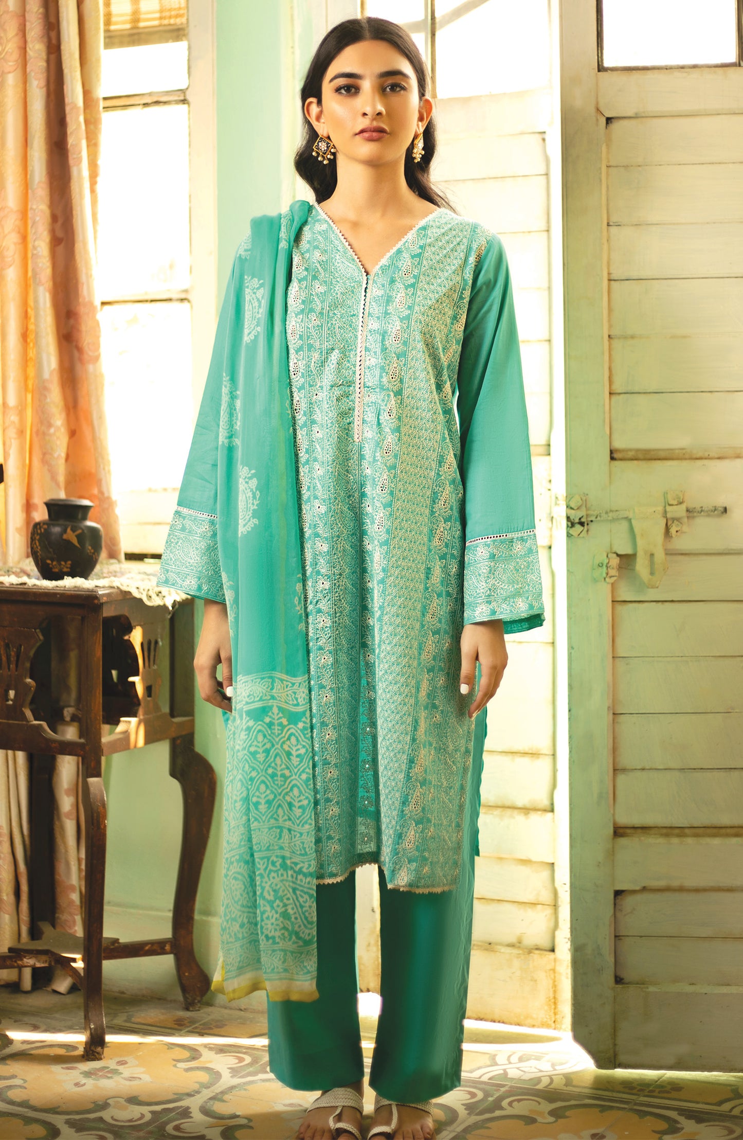 Stitched 3 Piece Embroidered Cambric  Suit (NRDS-139/S SEA GREEN)