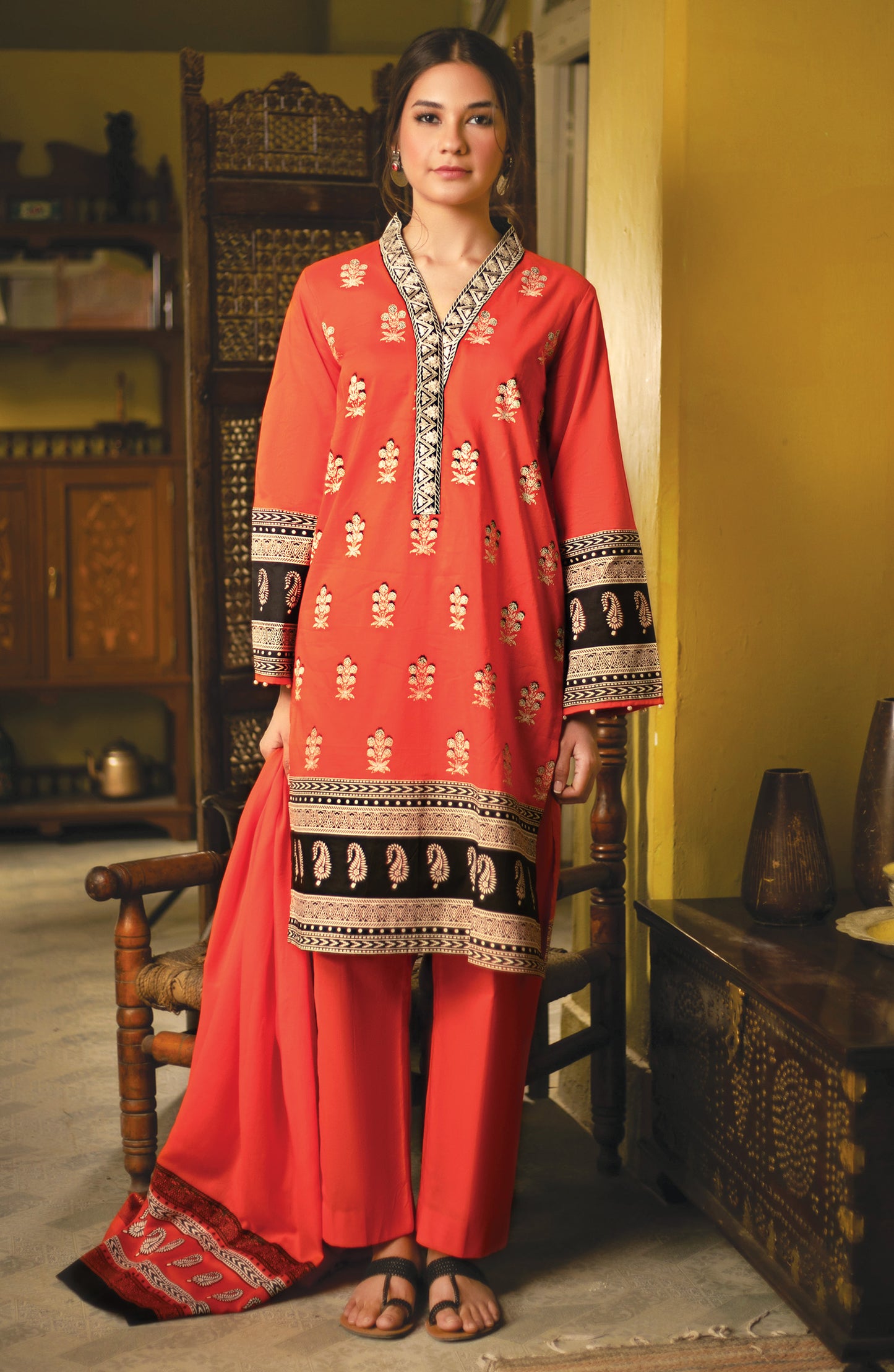 Unstitched 3 Piece Block Printed Embroidered Suit
