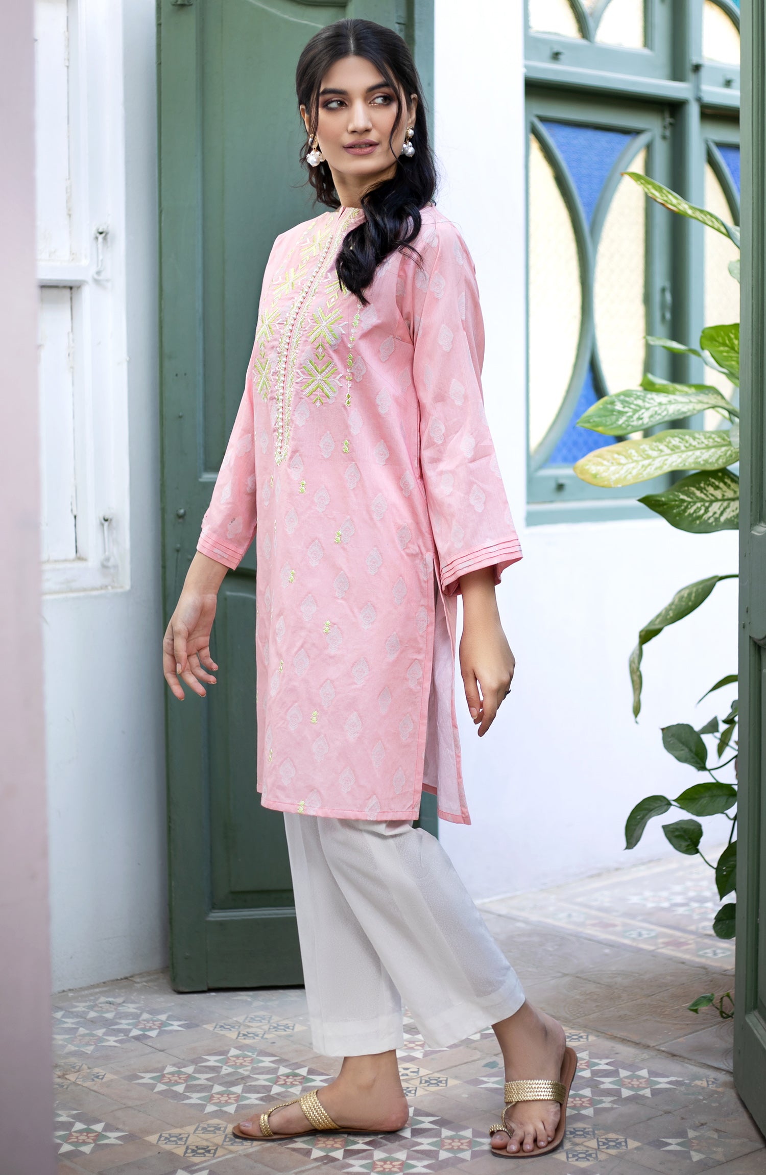 Stitched 1 Piece Embroidered Jacquard Shirt (OTL-21-033/A/S PINK)