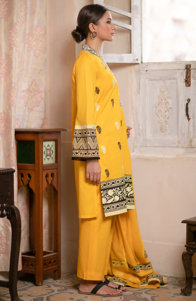 Unstitched 3 Piece Block Printed Embroidered Suit