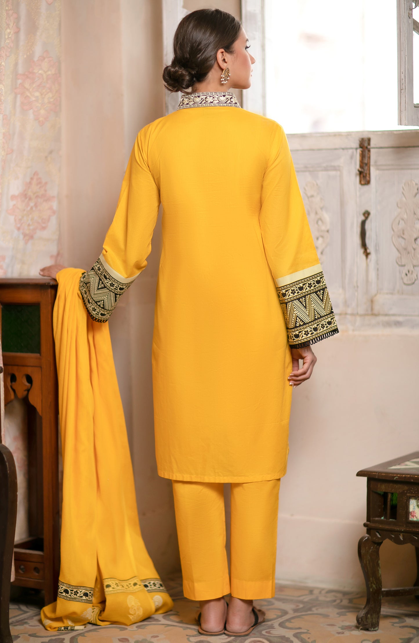 Stitched 3 Piece Embroidered Suit (NRDS-136/S YELLOW)