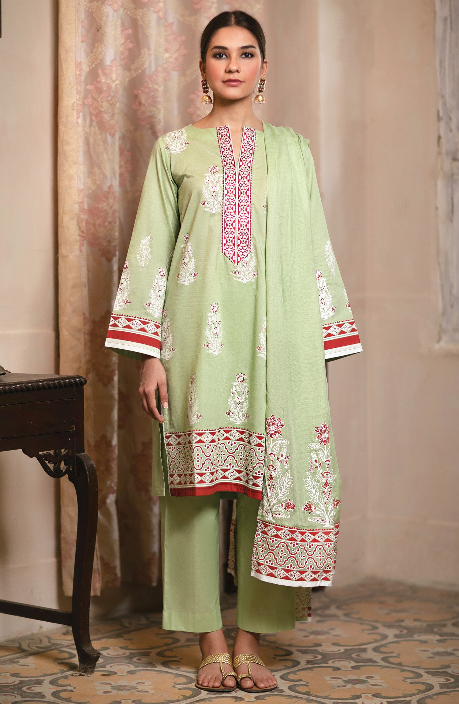 Unstitched 3 Piece Block Printed Embroidered Suit (NRDS-134)