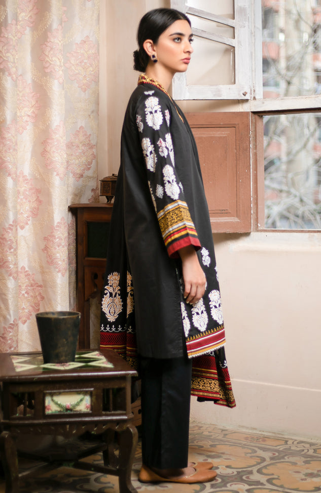 Unstitched 3 Piece Block Printed Embroidered Suit