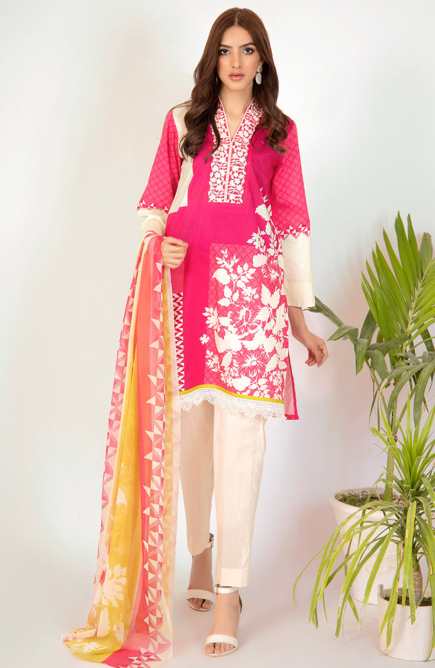 Unstitched 2 Piece Embroidered Lawn Shirt & Chiffon Dupatta