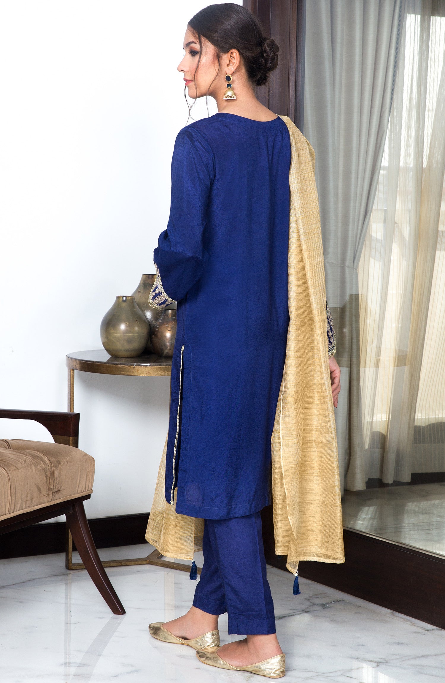Stitched 3 Piece Embroidered Raw Silk Suit (NRF-03/S NAVY BLUE)