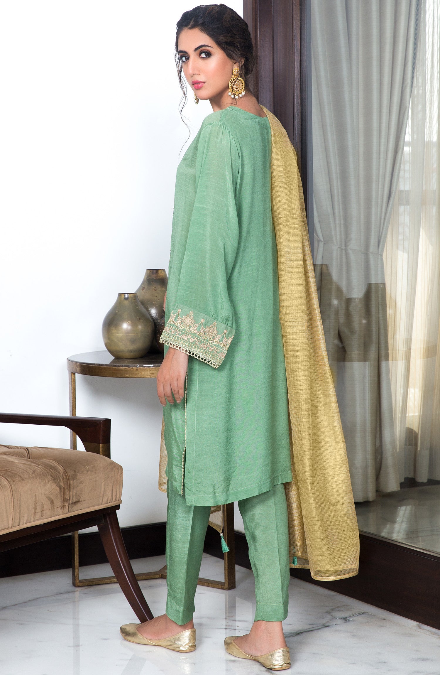 Stitched 3 Piece Embroidered Raw Silk Suit (NRF-02/S L. GREEN)