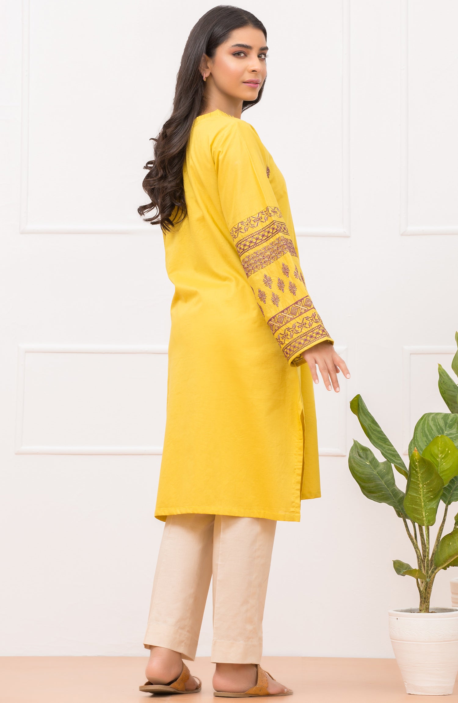 Stitched 1 Piece Embroidered Cambric  Shirt (NREK-59/S YELLOW)