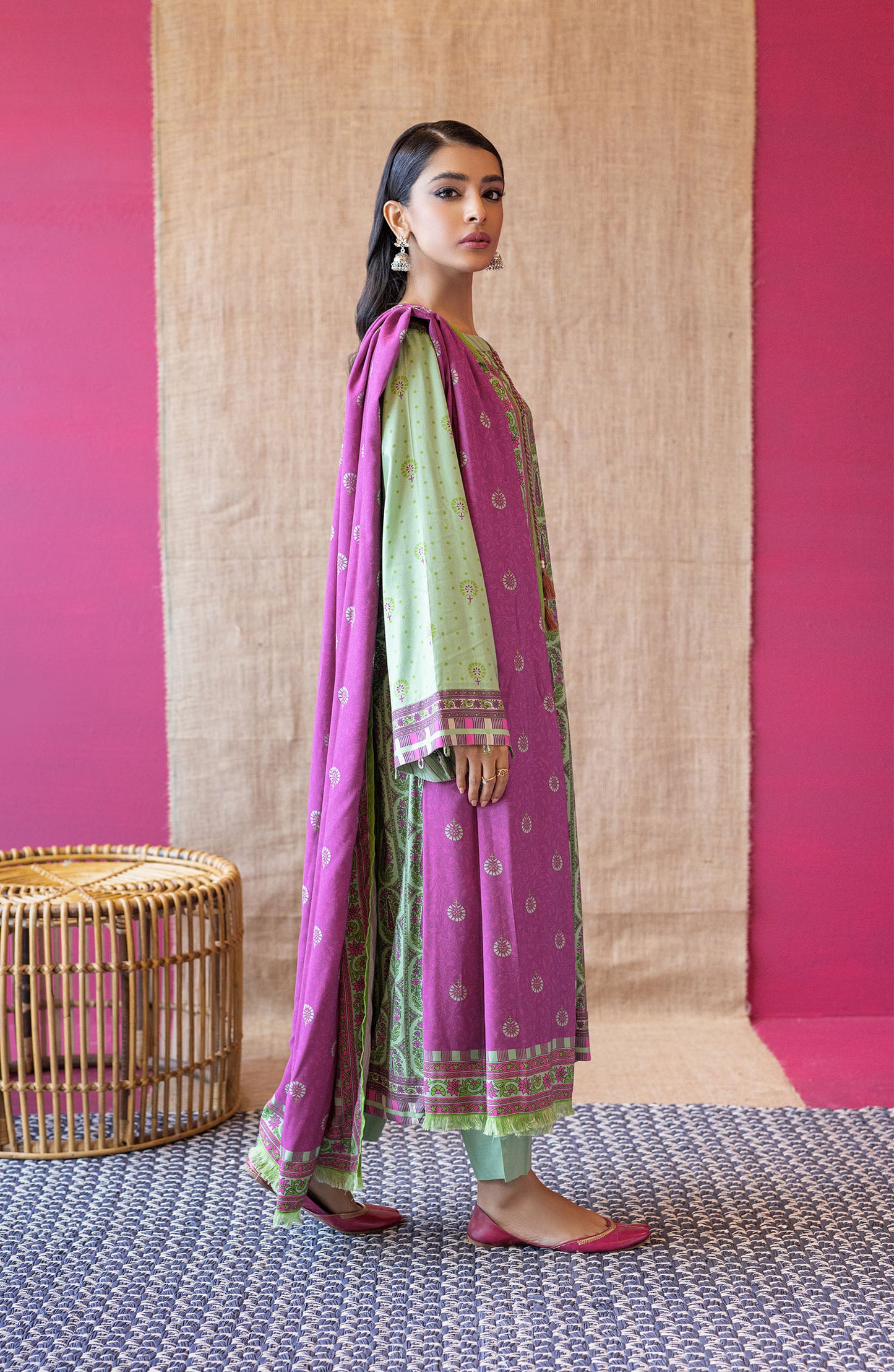 OTL-22-174/U GREEN LINEN  UNSTITCHED SHIRT DUPATTA PANTS